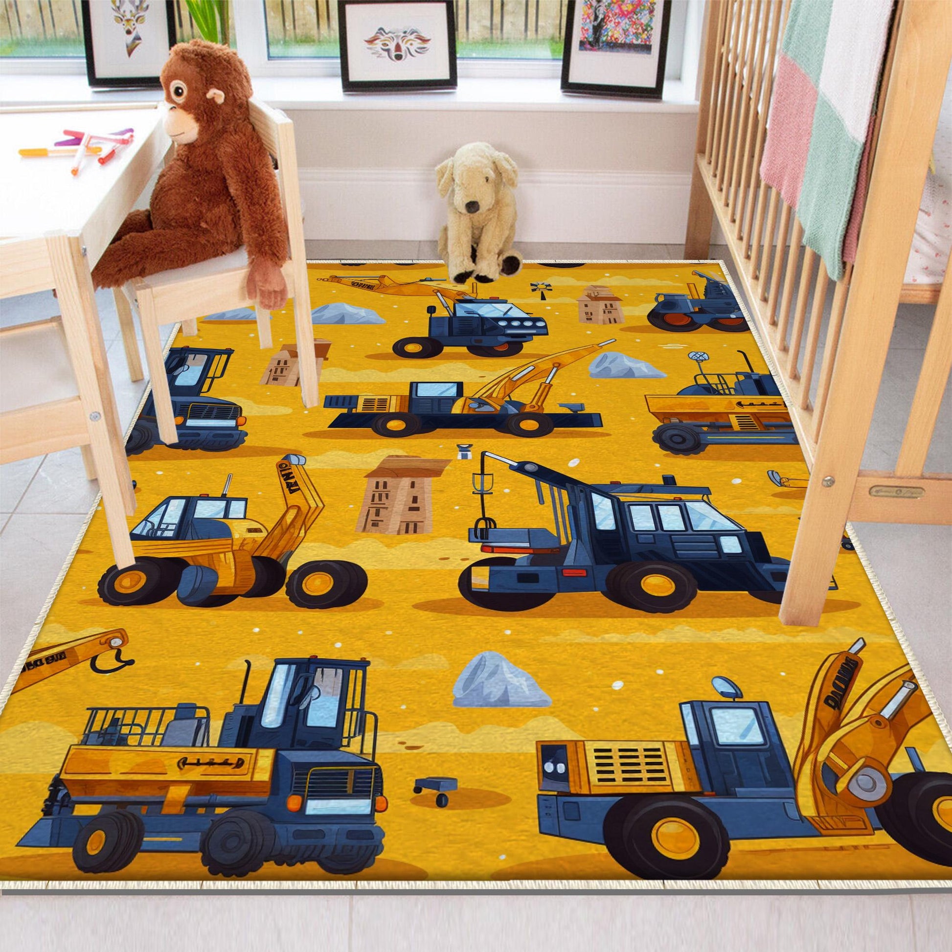 Round Road Construction Vehicles Kids Room Rug-Crane Bulldozer Excavator Mat-Heavy Equipment Playmat-Nursery Carpet with pillow case gift