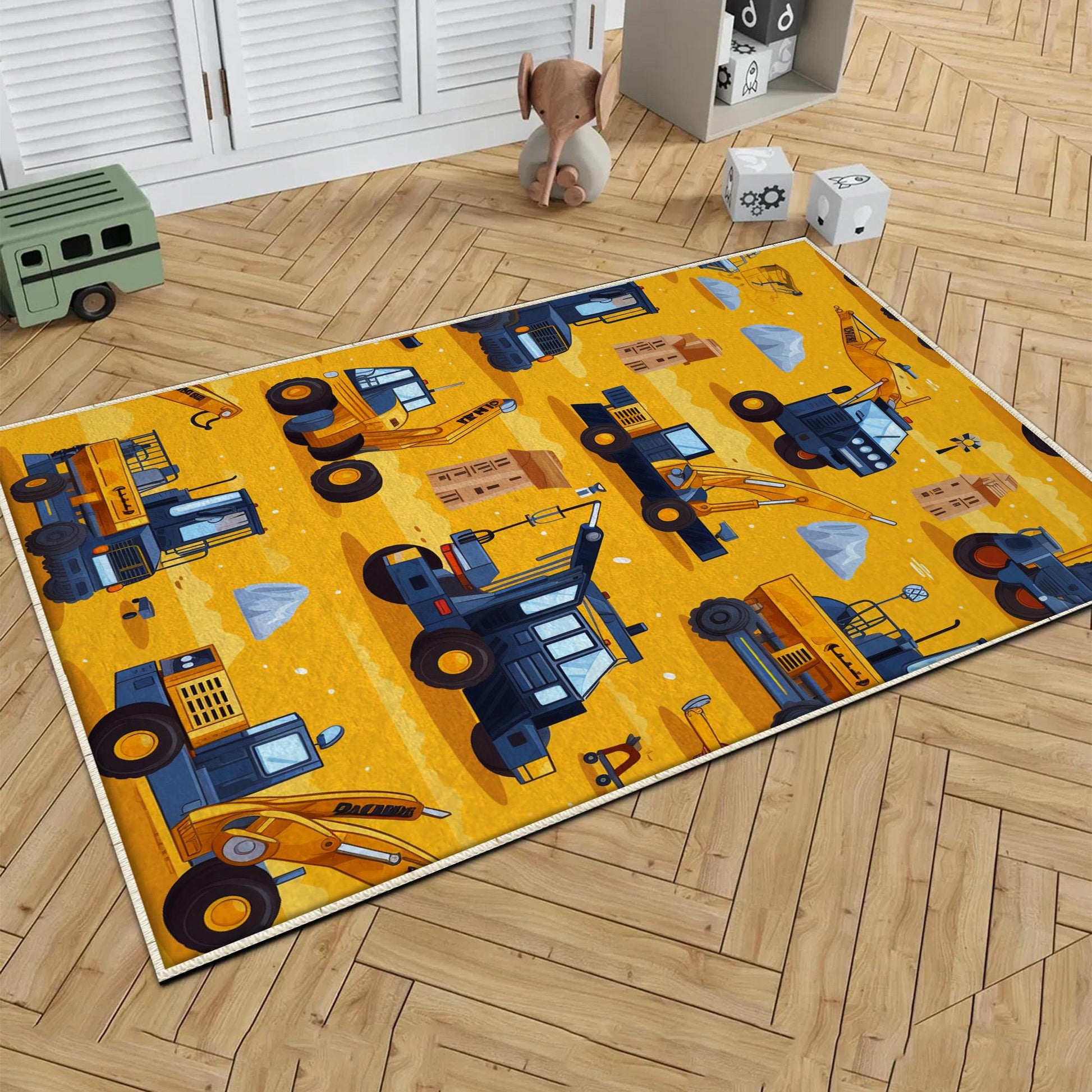 Round Road Construction Vehicles Kids Room Rug-Crane Bulldozer Excavator Mat-Heavy Equipment Playmat-Nursery Carpet with pillow case gift