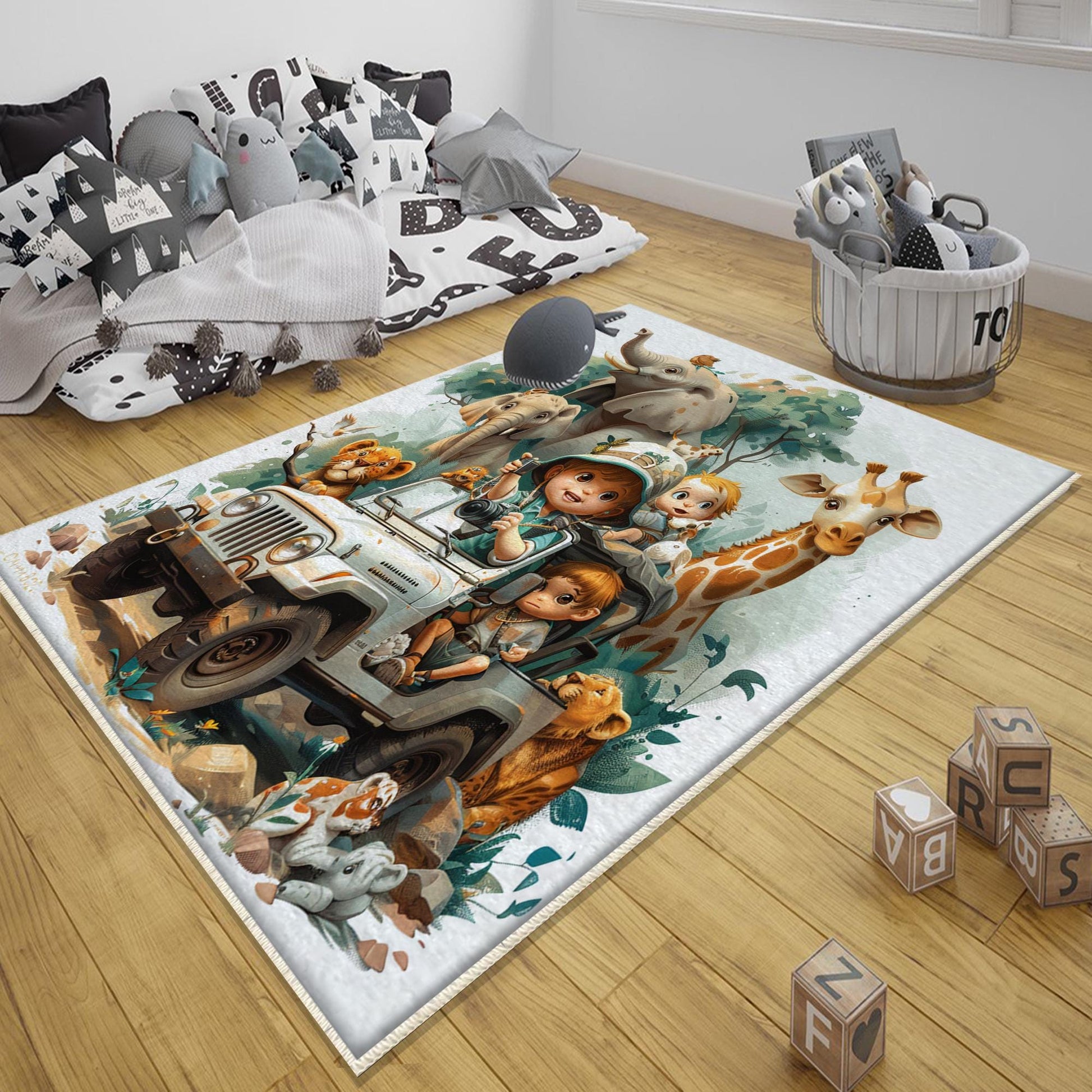 Round Safari Animal Nursery Room Rug, Cute Animals Rug Gift For Kids, Baby Shower Rug, Baby Gift, Nursery Decor with pillow case gift