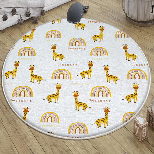 Round Safari Animal Giraffe Rainbow Nursery Rug, Cute Animals Rug Gift For Kids, Baby Shower Rug, Nursery Room Decor with pillow case gift