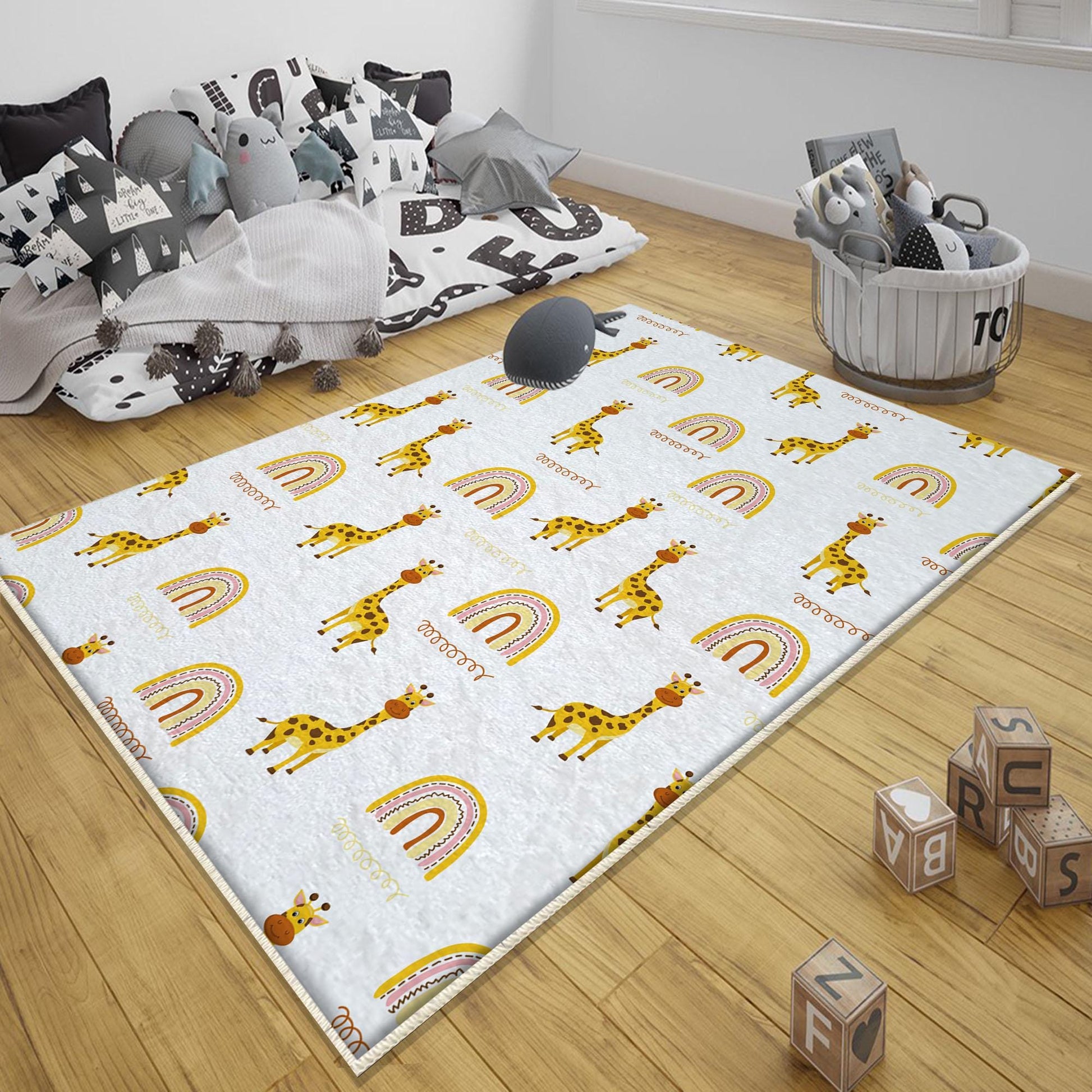 Round Safari Animal Giraffe Rainbow Nursery Rug, Cute Animals Rug Gift For Kids, Baby Shower Rug, Nursery Room Decor with pillow case gift