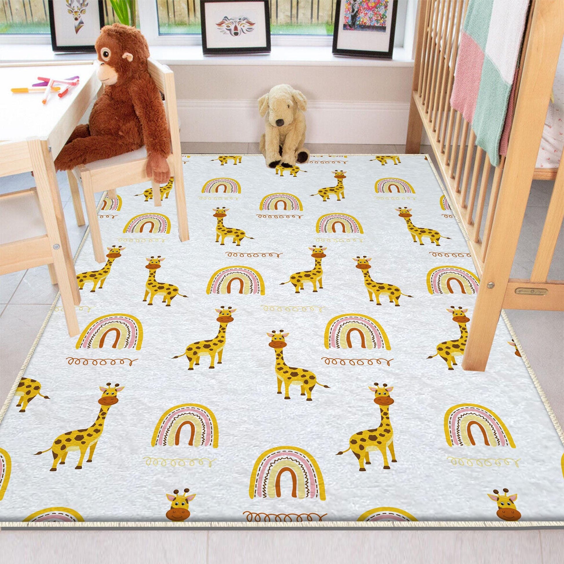 Round Safari Animal Giraffe Rainbow Nursery Rug, Cute Animals Rug Gift For Kids, Baby Shower Rug, Nursery Room Decor with pillow case gift