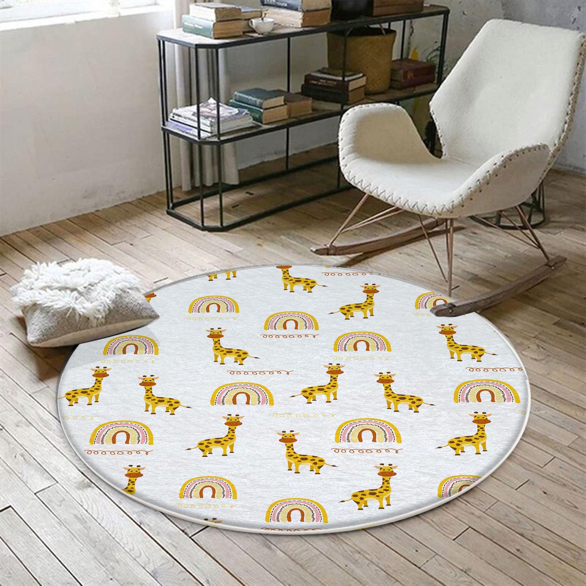 Round Safari Animal Giraffe Rainbow Nursery Rug, Cute Animals Rug Gift For Kids, Baby Shower Rug, Nursery Room Decor with pillow case gift