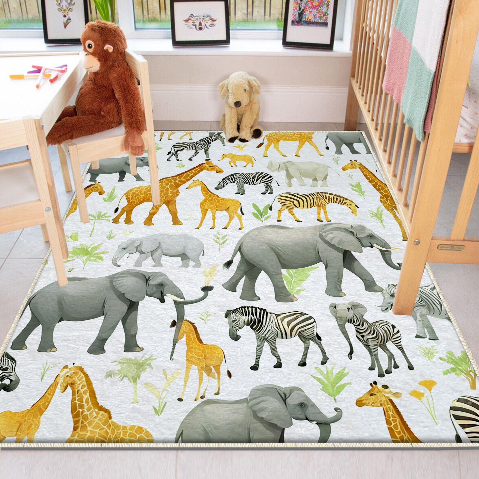 Round Safari Giraffe Zebra Elephant Nursery Rug|Cute Animal Rug Gift For Kids|Baby Shower Rug|Baby Gift Nursery Decor with pillow case gift