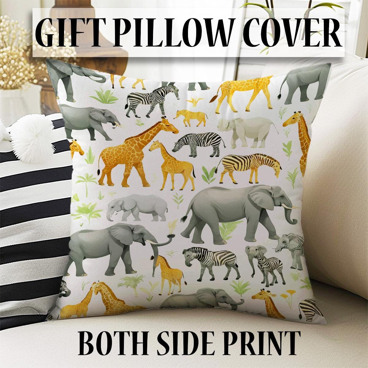 Round Safari Giraffe Zebra Elephant Nursery Rug|Cute Animal Rug Gift For Kids|Baby Shower Rug|Baby Gift Nursery Decor with pillow case gift