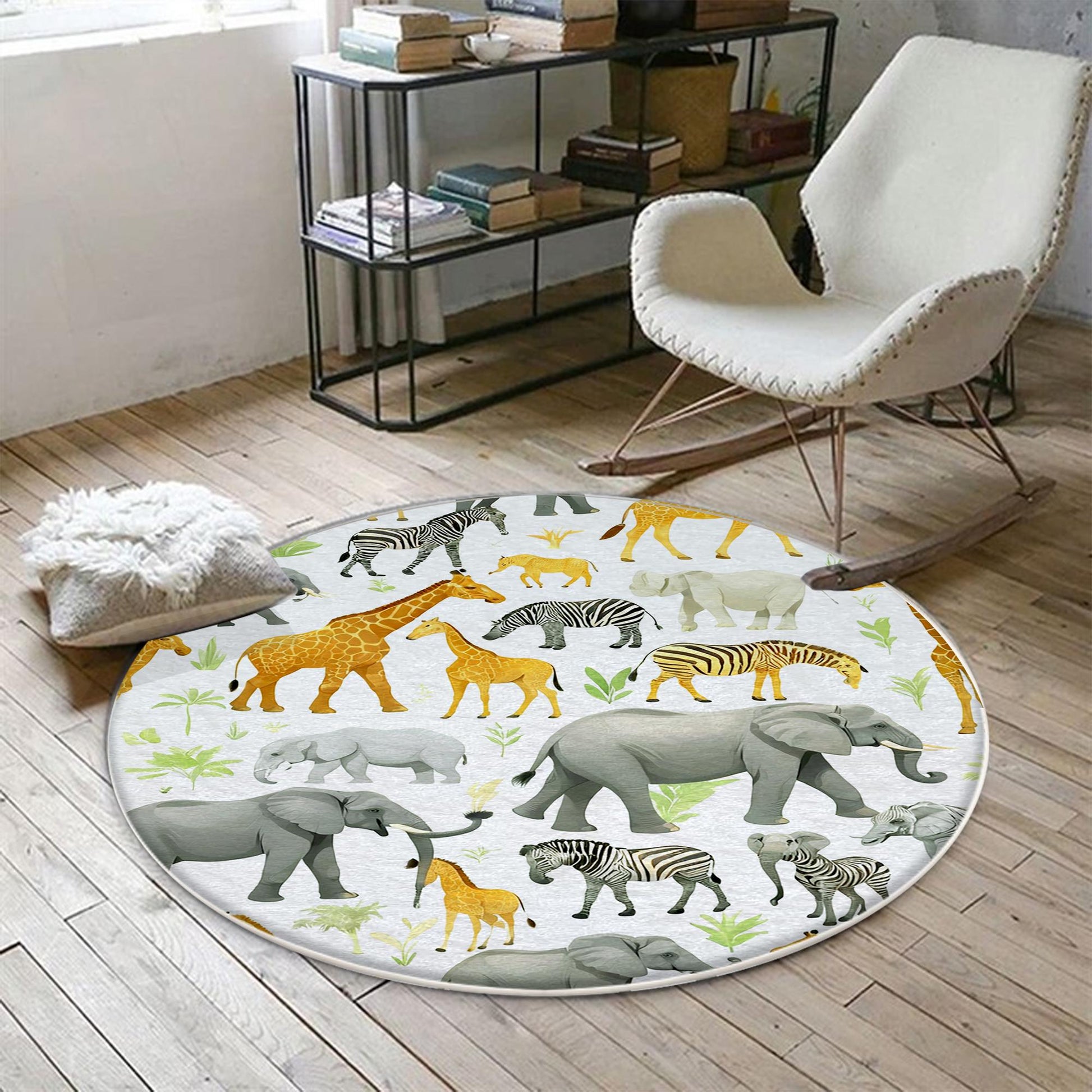 Round Safari Giraffe Zebra Elephant Nursery Rug|Cute Animal Rug Gift For Kids|Baby Shower Rug|Baby Gift Nursery Decor with pillow case gift