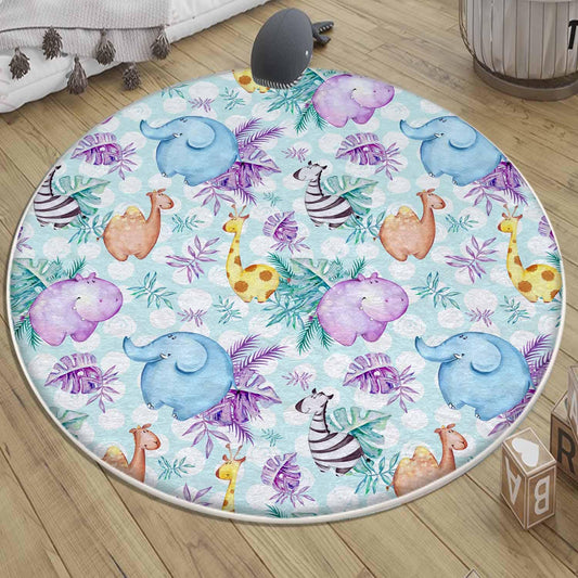 Round Safari Giraffe Zebra Elephant Nursery Rug|Cute Animal Rug Gift For Kids|Baby Shower Rug|Baby Gift Nursery Decor with pillow case gift