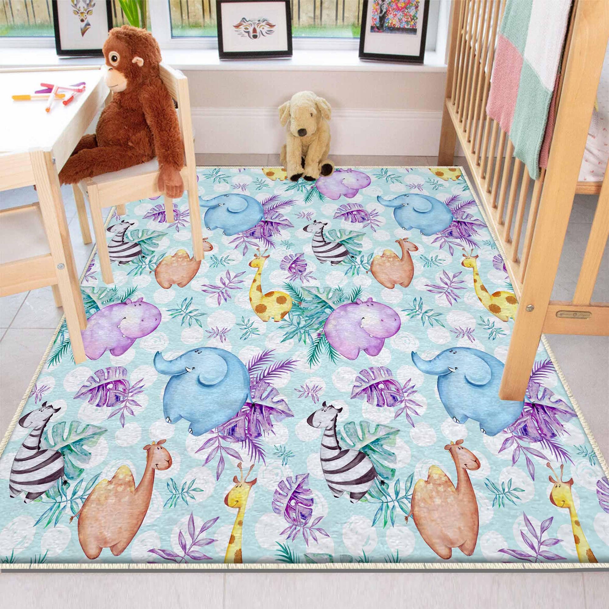 Round Safari Giraffe Zebra Elephant Nursery Rug|Cute Animal Rug Gift For Kids|Baby Shower Rug|Baby Gift Nursery Decor with pillow case gift