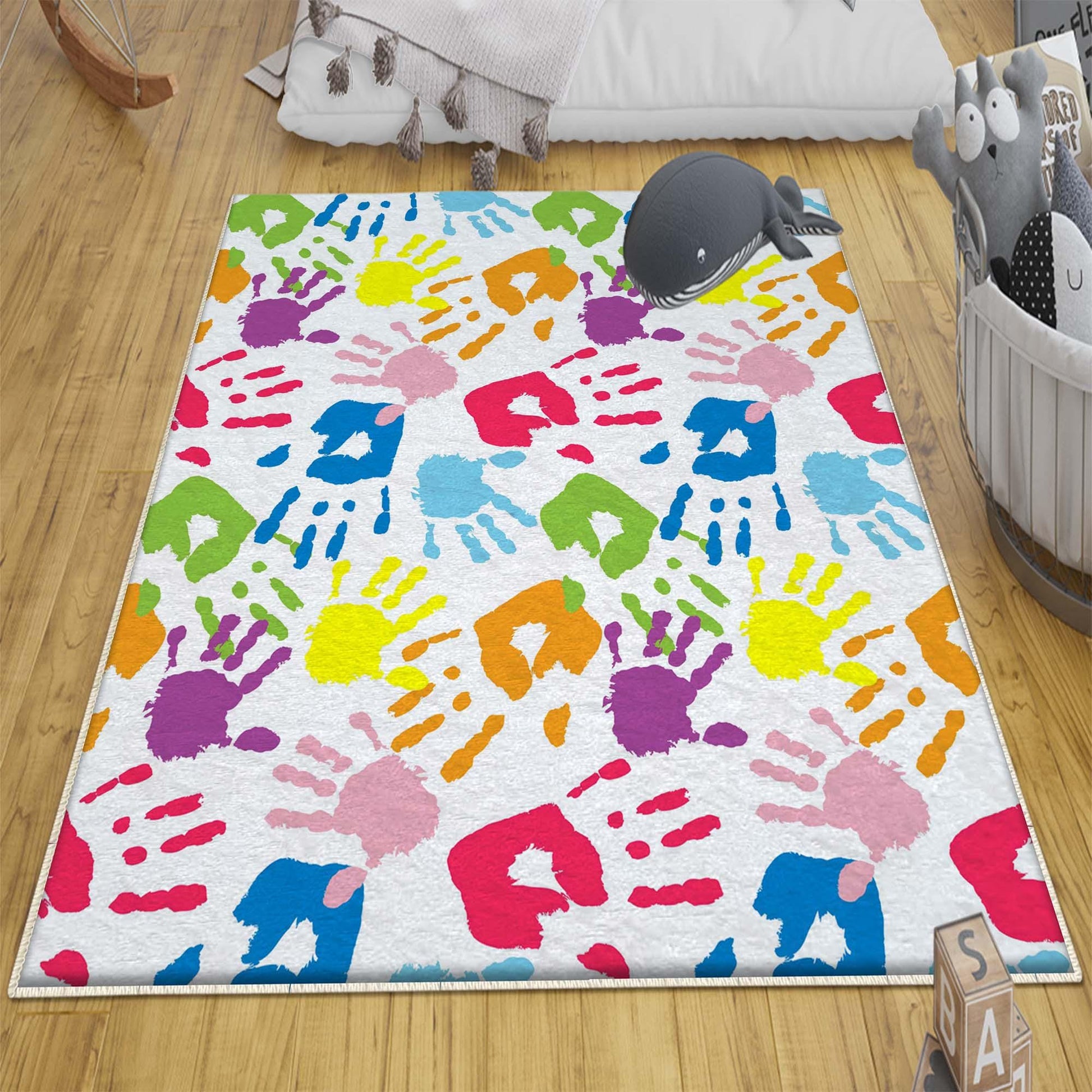 Round Colorful Hands Nursery Kids Room Rug, Cute Hands Rug Gift For Kids, Baby Kids Room Gift, Kids Room Decor with pillow case gift