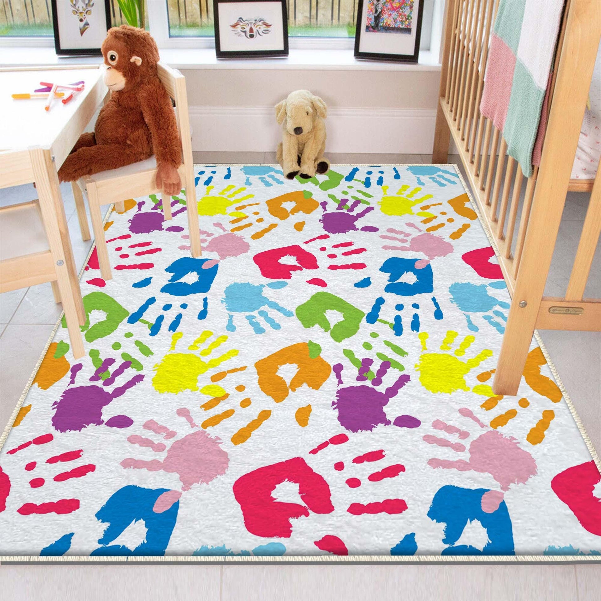 Round Colorful Hands Nursery Kids Room Rug, Cute Hands Rug Gift For Kids, Baby Kids Room Gift, Kids Room Decor with pillow case gift