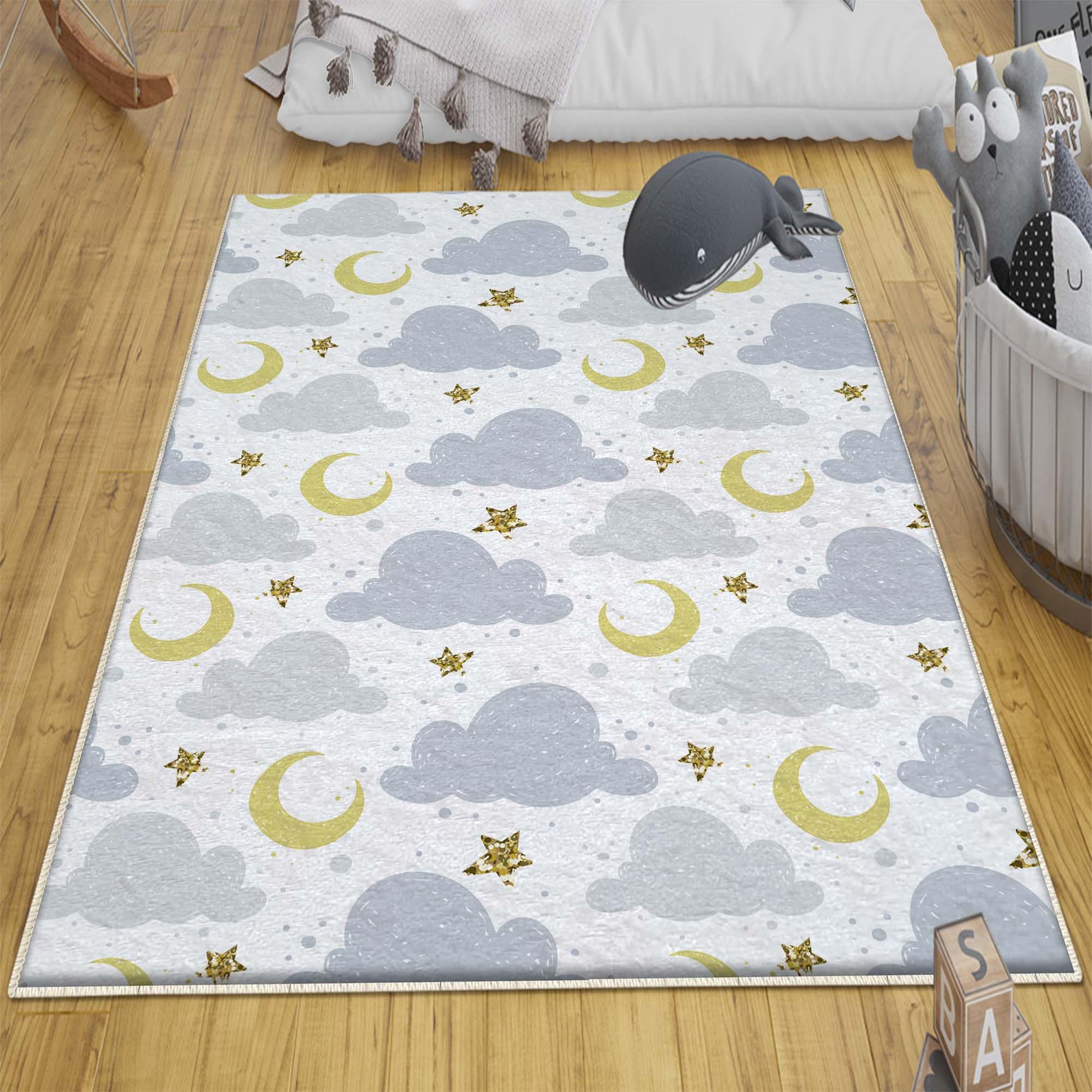 Round Blue Clouds Moon Stars Nursery Kids Room Rug, Cute Rug Gift For Kids, Baby Kids Room Gift, Kids Room Decor with pillow case gift
