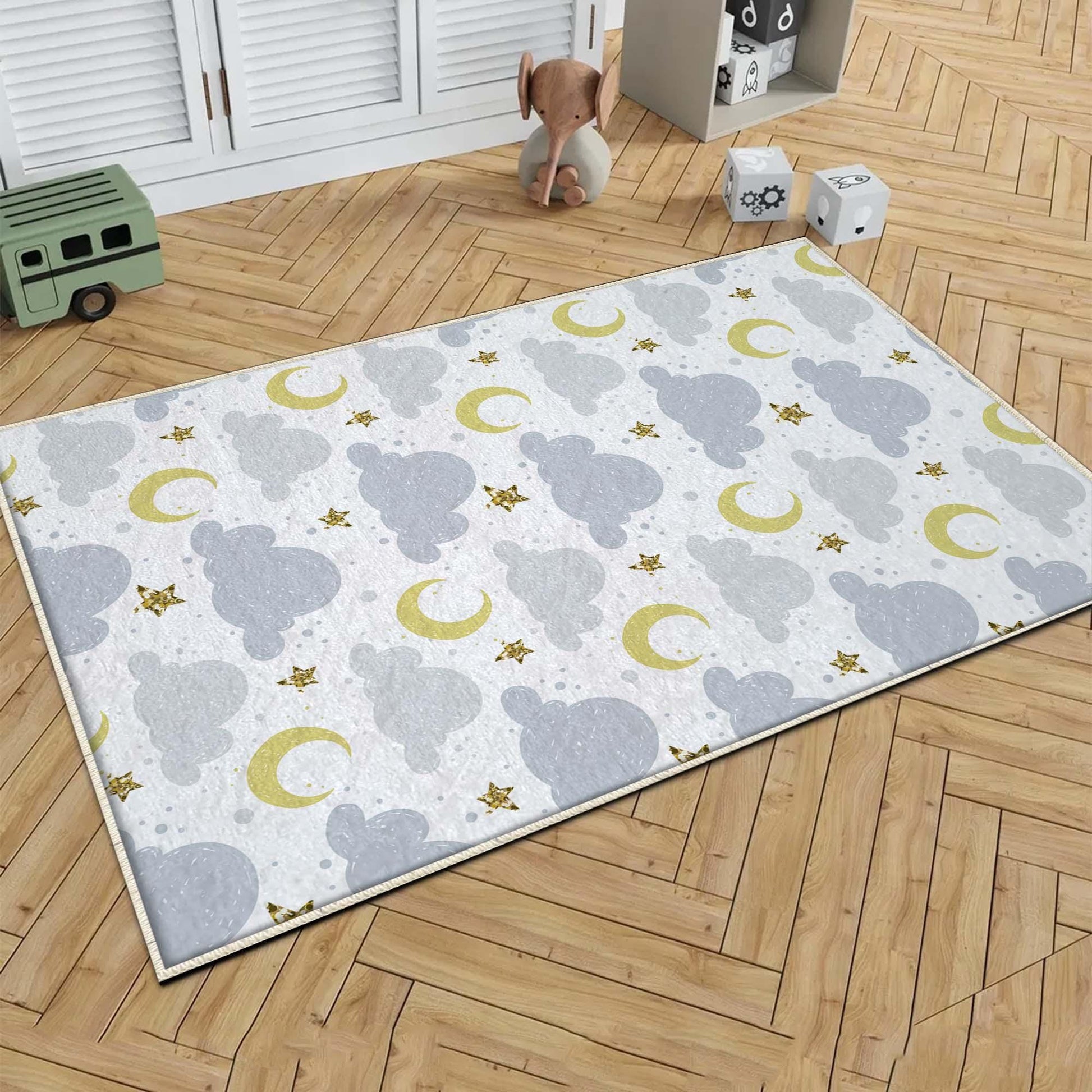 Round Blue Clouds Moon Stars Nursery Kids Room Rug, Cute Rug Gift For Kids, Baby Kids Room Gift, Kids Room Decor with pillow case gift