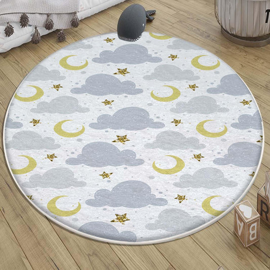 Round Blue Clouds Moon Stars Nursery Kids Room Rug, Cute Rug Gift For Kids, Baby Kids Room Gift, Kids Room Decor with pillow case gift