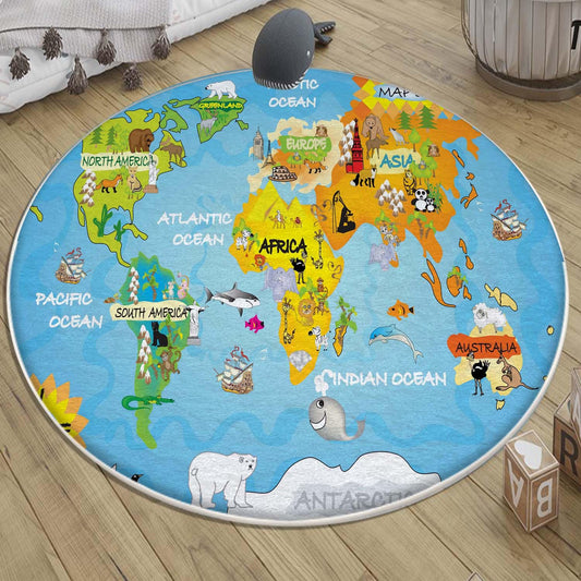 Round Earth World Map Nursery Kids Room Rug, Cute Educational Rug Gift For Kids, Baby Kids Room Gift, Kids Room Decor with pillow case gift