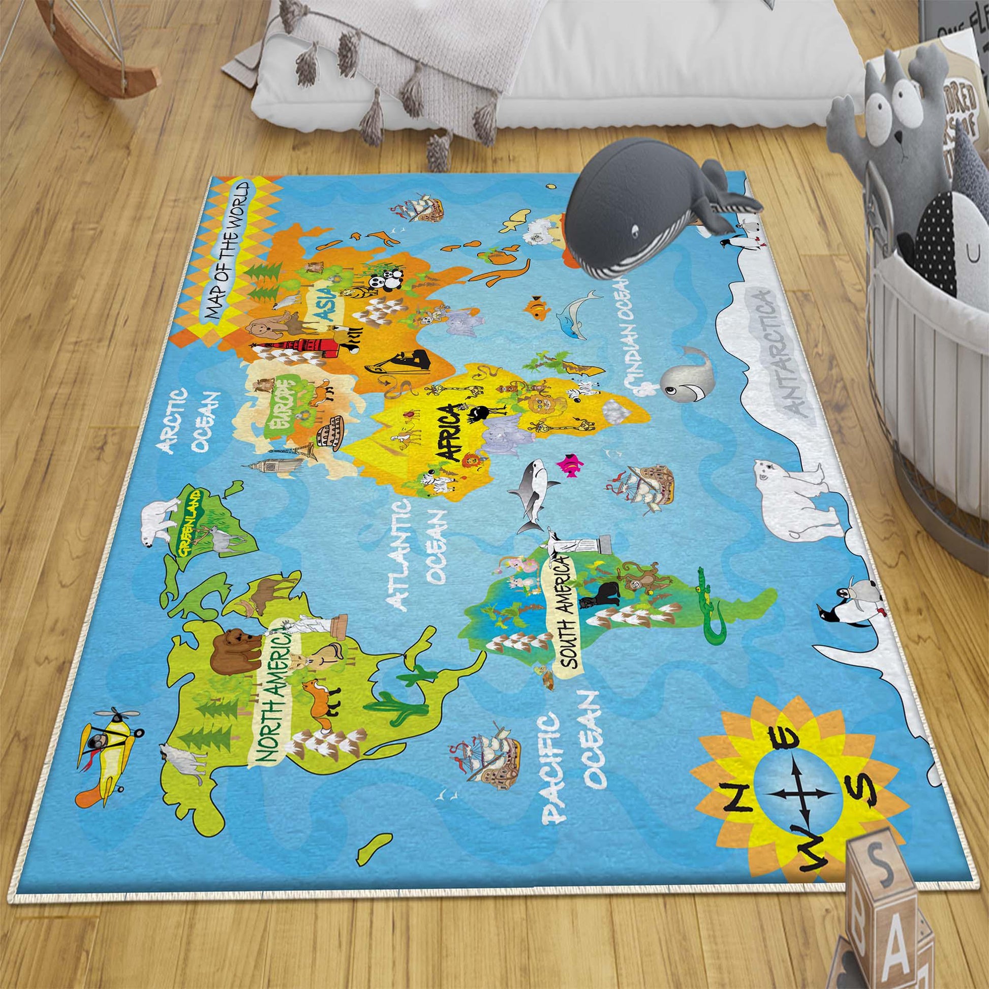 Round Earth World Map Nursery Kids Room Rug, Cute Educational Rug Gift For Kids, Baby Kids Room Gift, Kids Room Decor with pillow case gift