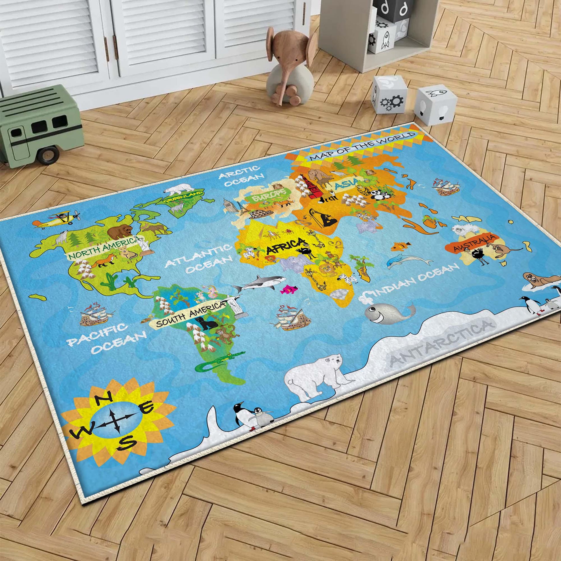 Round Earth World Map Nursery Kids Room Rug, Cute Educational Rug Gift For Kids, Baby Kids Room Gift, Kids Room Decor with pillow case gift