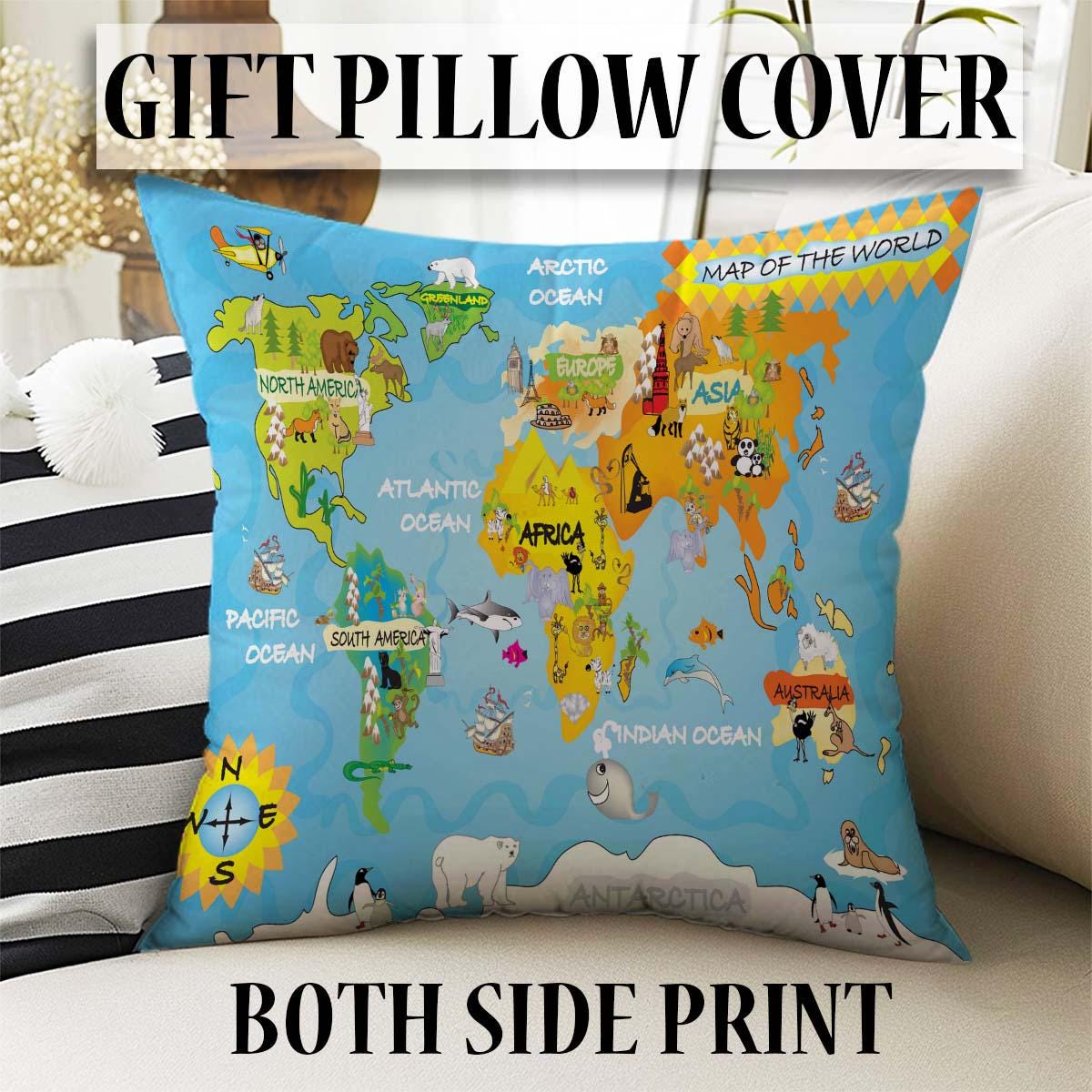 Round Earth World Map Nursery Kids Room Rug, Cute Educational Rug Gift For Kids, Baby Kids Room Gift, Kids Room Decor with pillow case gift