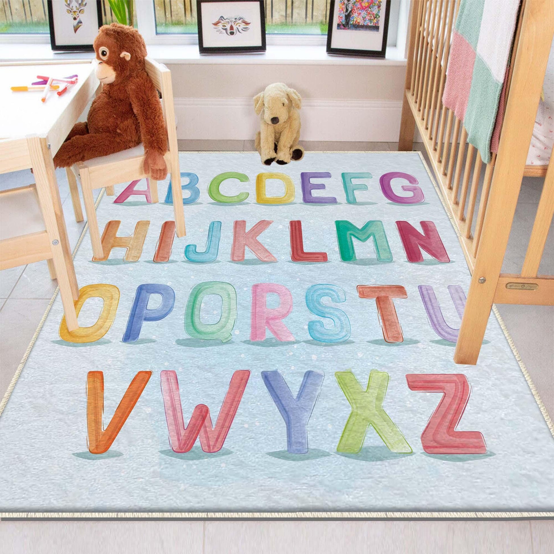 Round Alphabet Kids Rug with Pillowcase, Educational Nursery Room Decor, Cute Baby Gift for Kids Learning & Playroom Accent