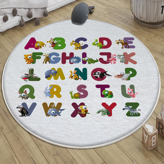 Round Alphabet Letters Animal Nursery Kids Room Rug, Cute Educational Rug Gift For Kid, Baby Kids Room Gift, Kids Room Decor with pillow case gift