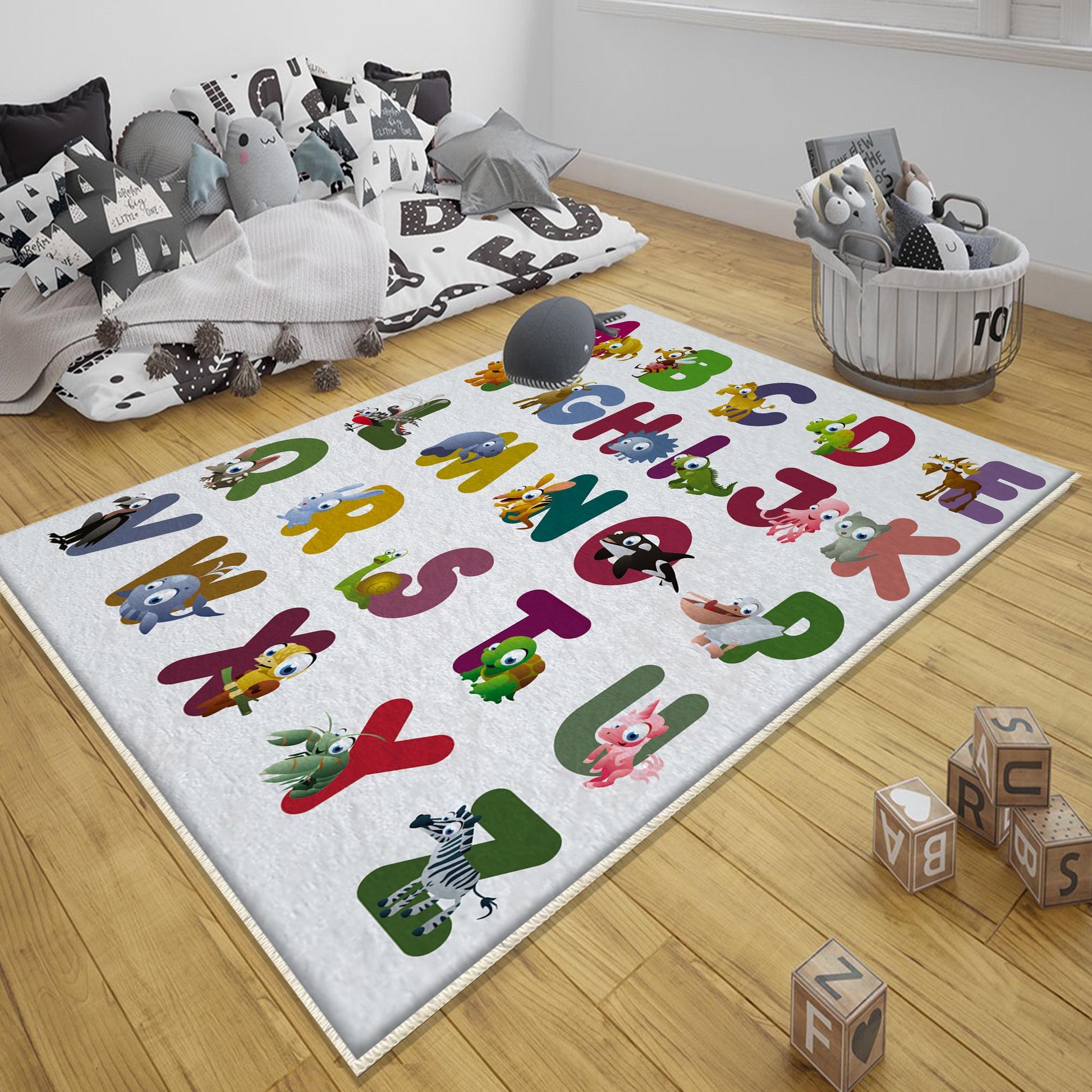 Round Alphabet Letters Animal Nursery Kids Room Rug, Cute Educational Rug Gift For Kid, Baby Kids Room Gift, Kids Room Decor with pillow case gift