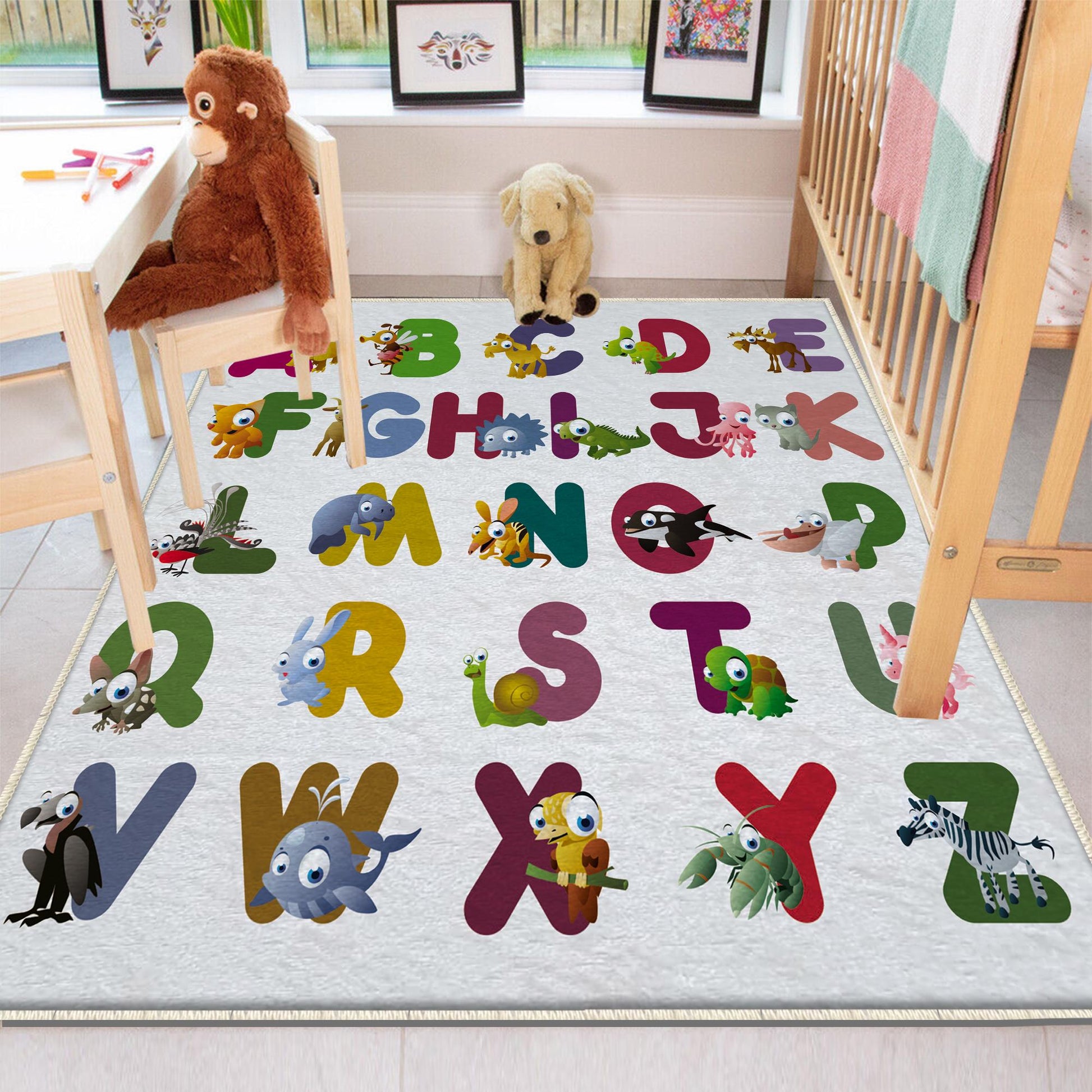 Round Alphabet Letters Animal Nursery Kids Room Rug, Cute Educational Rug Gift For Kid, Baby Kids Room Gift, Kids Room Decor with pillow case gift