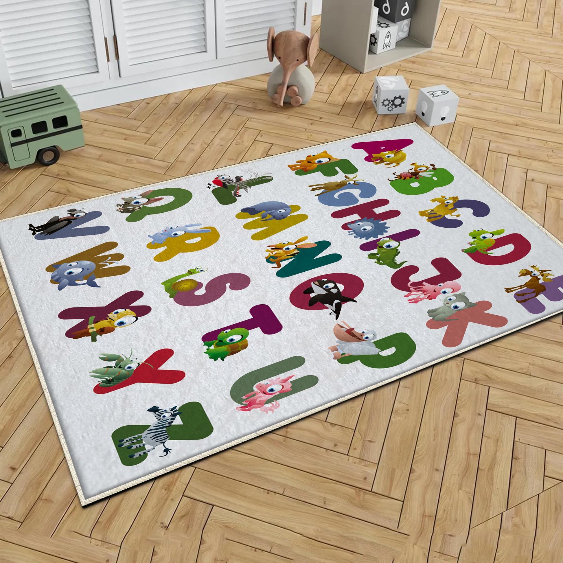 Round Alphabet Letters Animal Nursery Kids Room Rug, Cute Educational Rug Gift For Kid, Baby Kids Room Gift, Kids Room Decor with pillow case gift