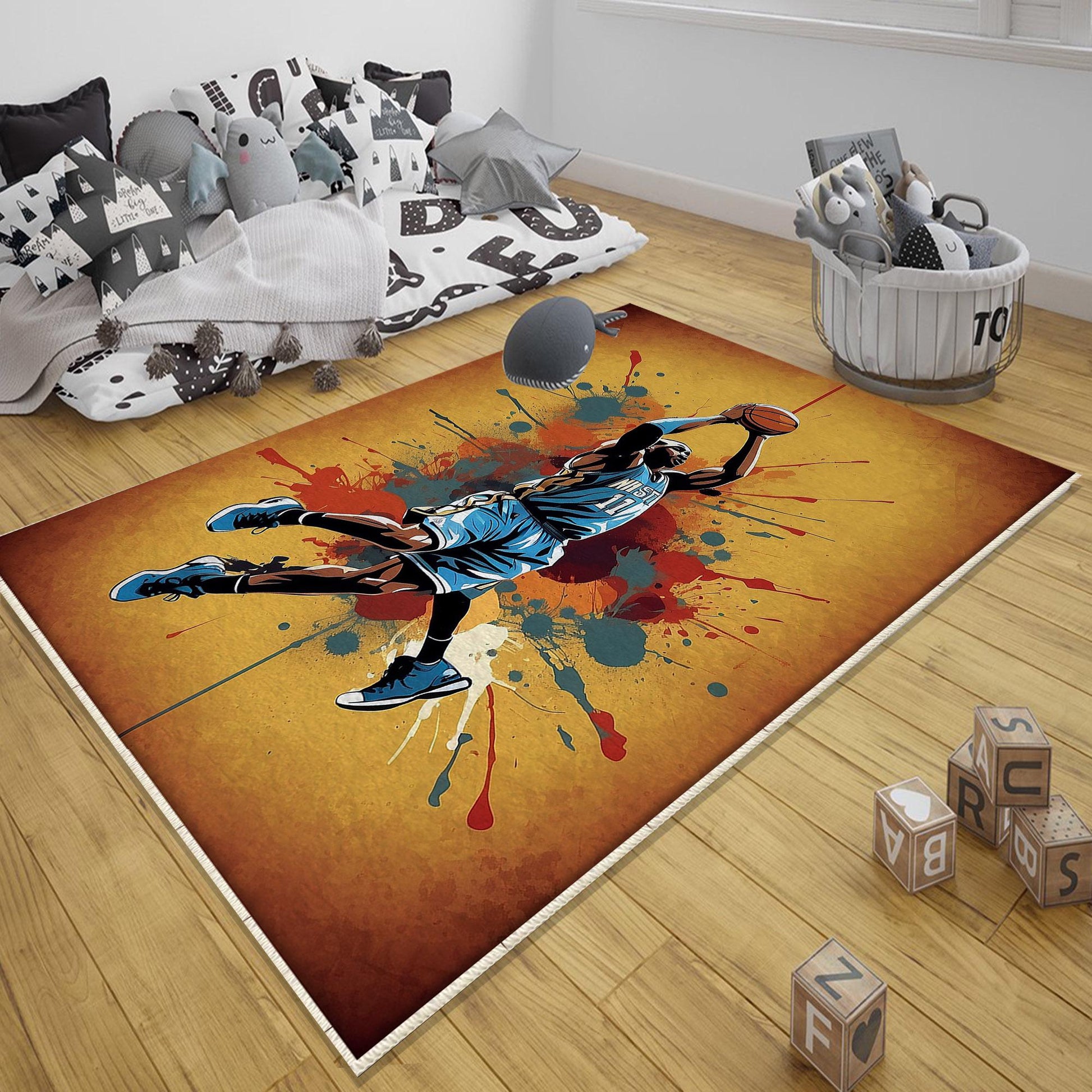 Round Basketball Player Nursery Kids Room Rug, Cute Play Rug Gift For Kid, Baby Kids Room Gift, Kids Room Decor with pillow case gift