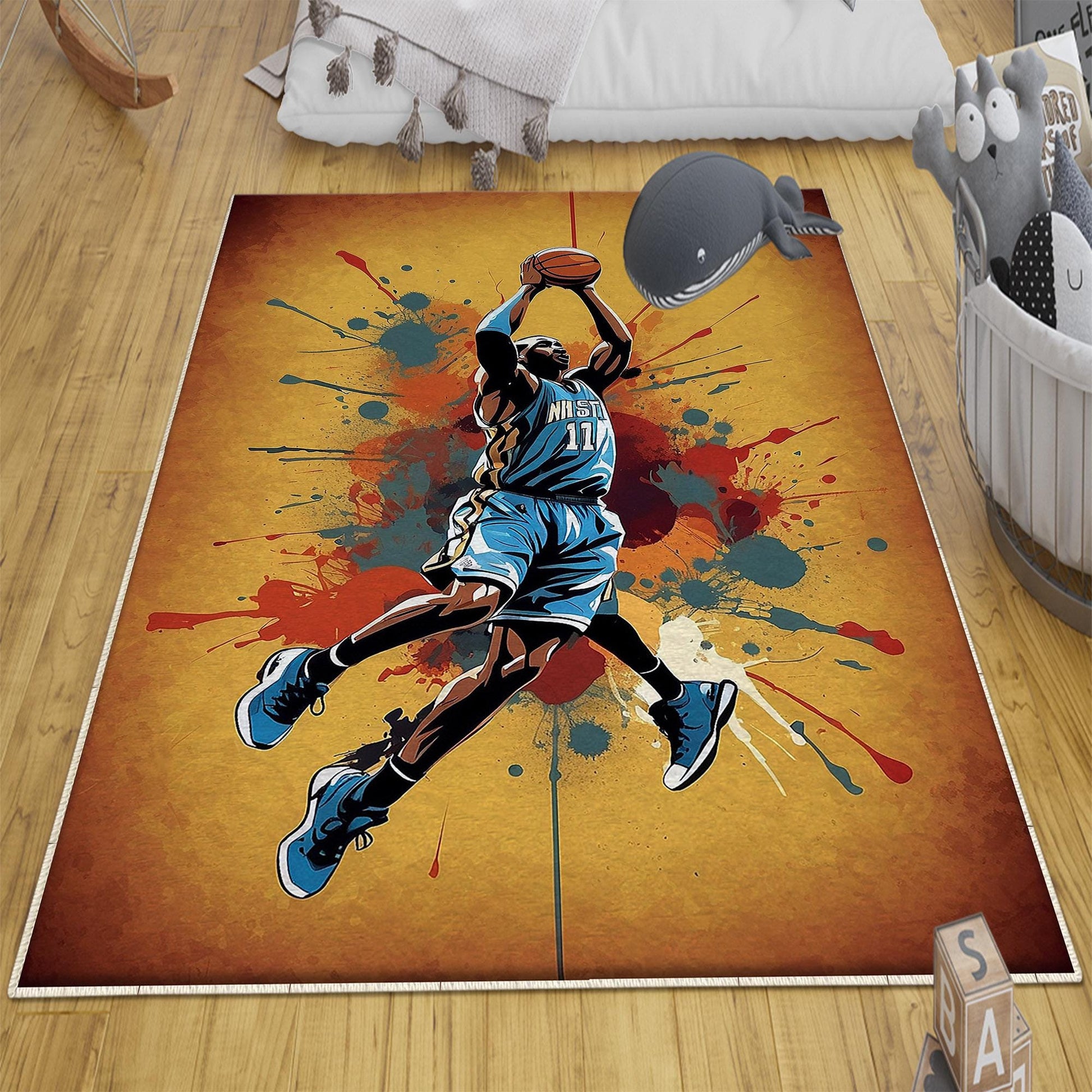 Round Basketball Player Nursery Kids Room Rug, Cute Play Rug Gift For Kid, Baby Kids Room Gift, Kids Room Decor with pillow case gift