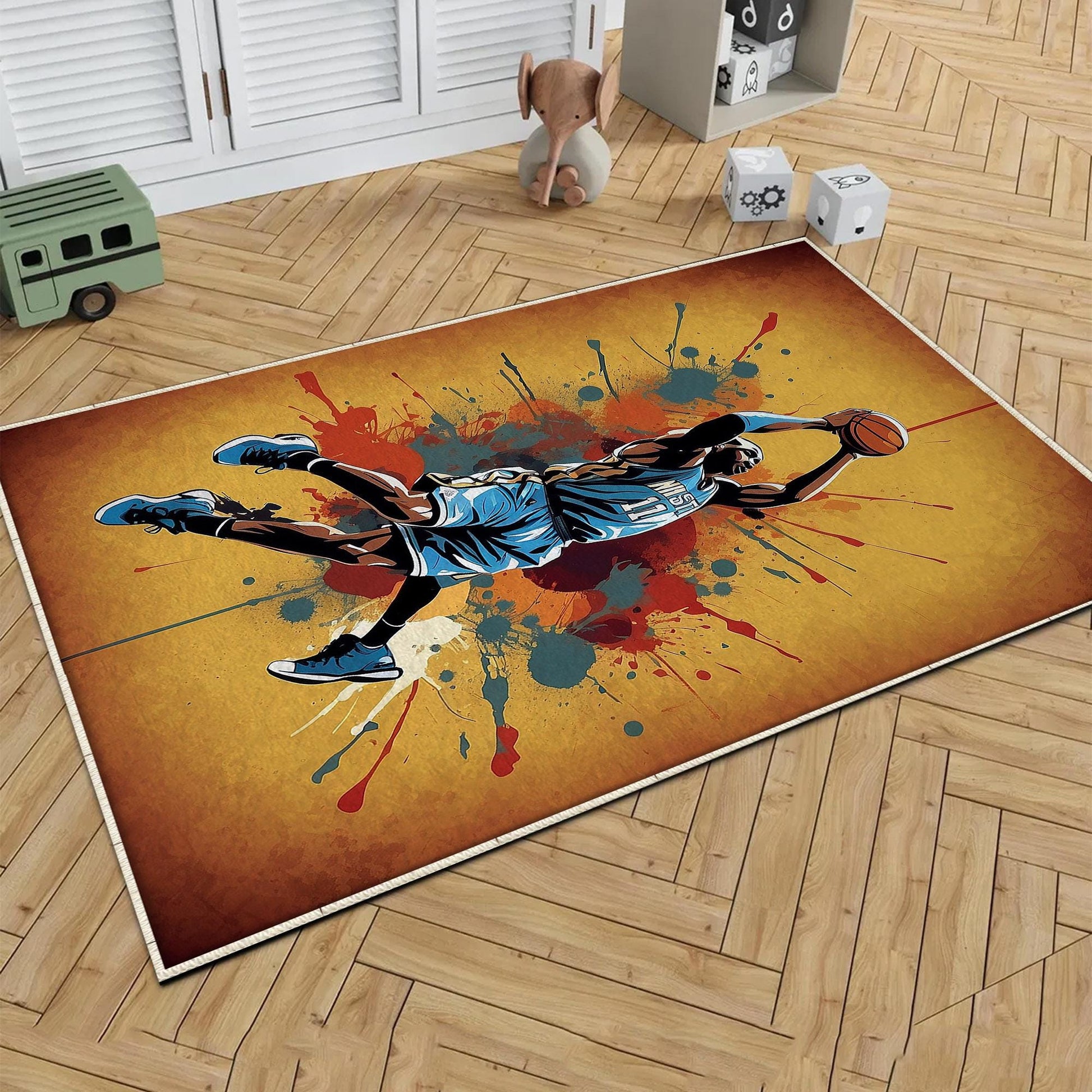 Round Basketball Player Nursery Kids Room Rug, Cute Play Rug Gift For Kid, Baby Kids Room Gift, Kids Room Decor with pillow case gift