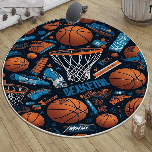 Round Basketball Balls Kids Play Room Rug, Cute Sport Rug Gift For Kid, Baby Kids Room Gift, Kids Room Decor with pillow case gift