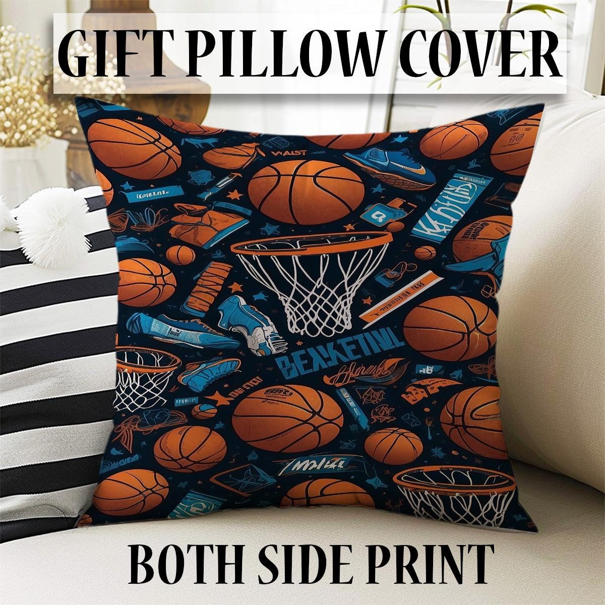 Round Basketball Balls Kids Play Room Rug, Cute Sport Rug Gift For Kid, Baby Kids Room Gift, Kids Room Decor with pillow case gift