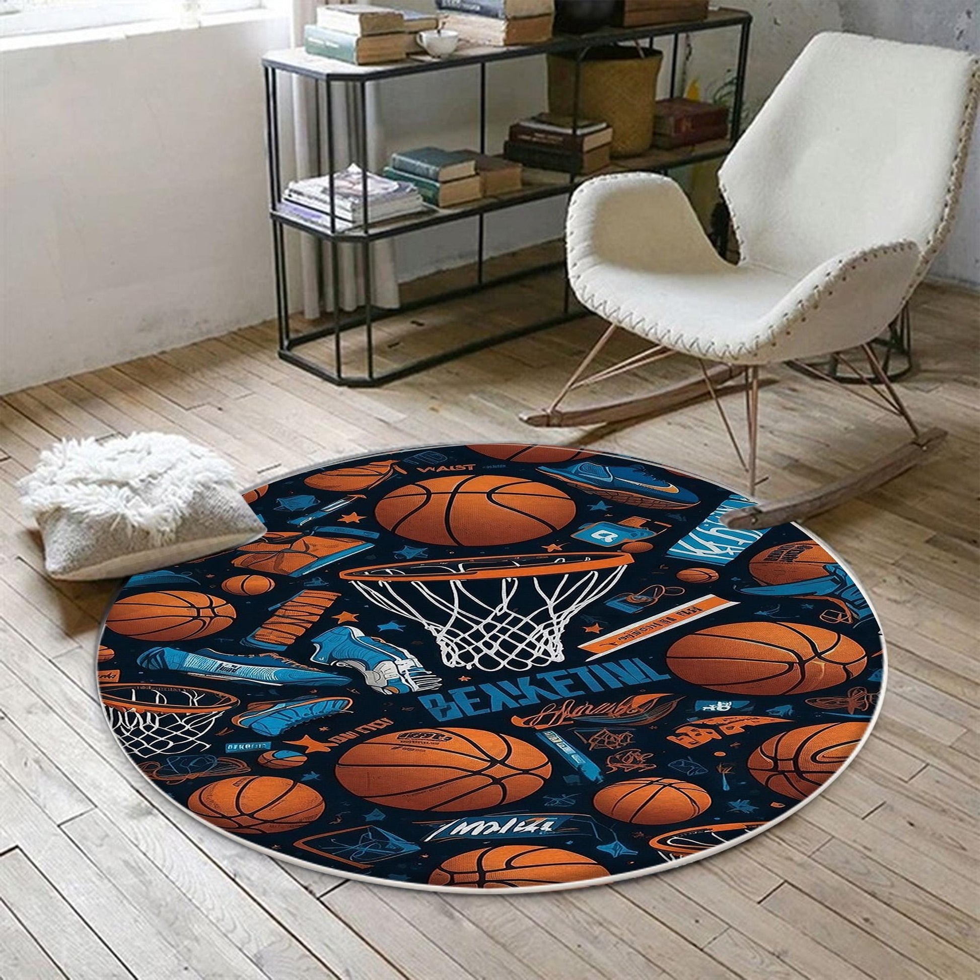 Round Basketball Balls Kids Play Room Rug, Cute Sport Rug Gift For Kid, Baby Kids Room Gift, Kids Room Decor with pillow case gift