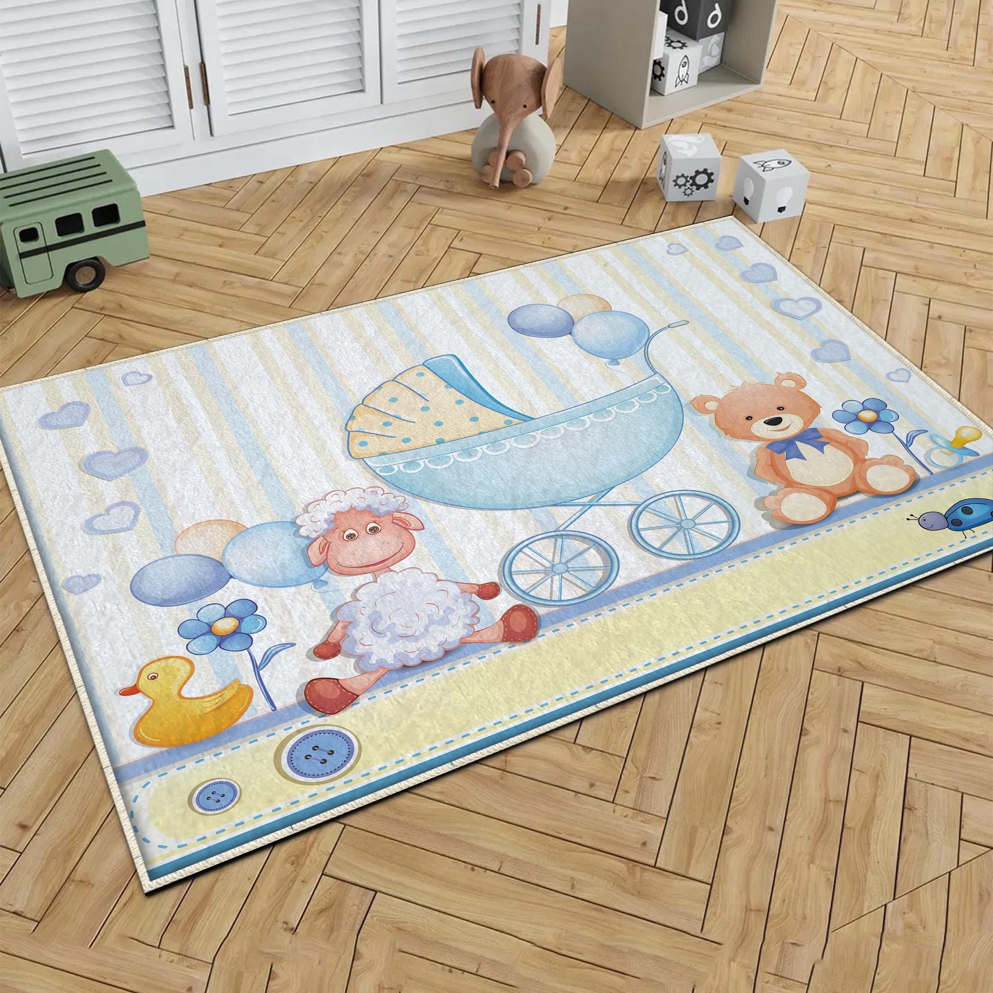 Round Blue Bear Lamb Nursery Room Rug, Cute Animal Rug Gift For Kid, Baby Shower Boy Kids Room Gift, Kids Room Decor with pillow case gift