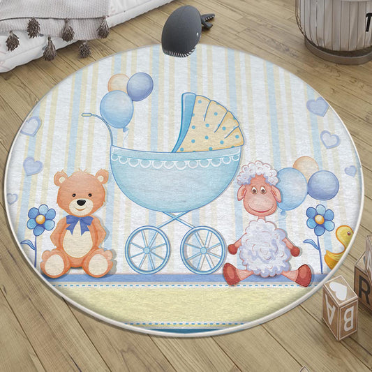 Round Blue Bear Lamb Nursery Room Rug, Cute Animal Rug Gift For Kid, Baby Shower Boy Kids Room Gift, Kids Room Decor with pillow case gift