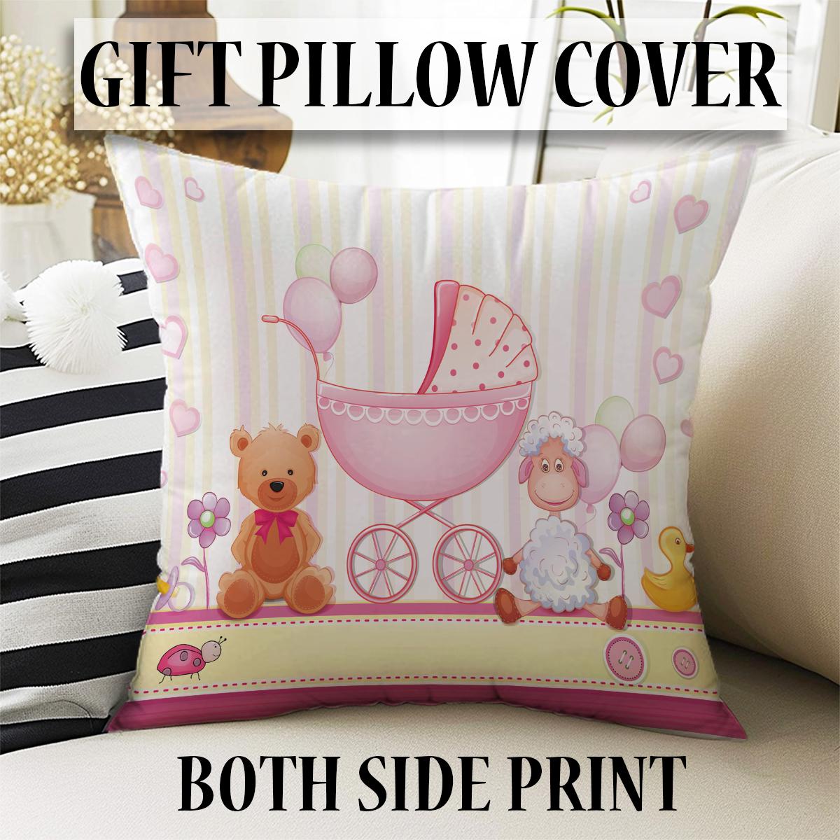 Pink Bear and Lamb Nursery Room Rug, Cute Animal Rug Gift For Kid, Baby Shower Girl Kids Room Gift, Kids Room Decor with pillow case gift