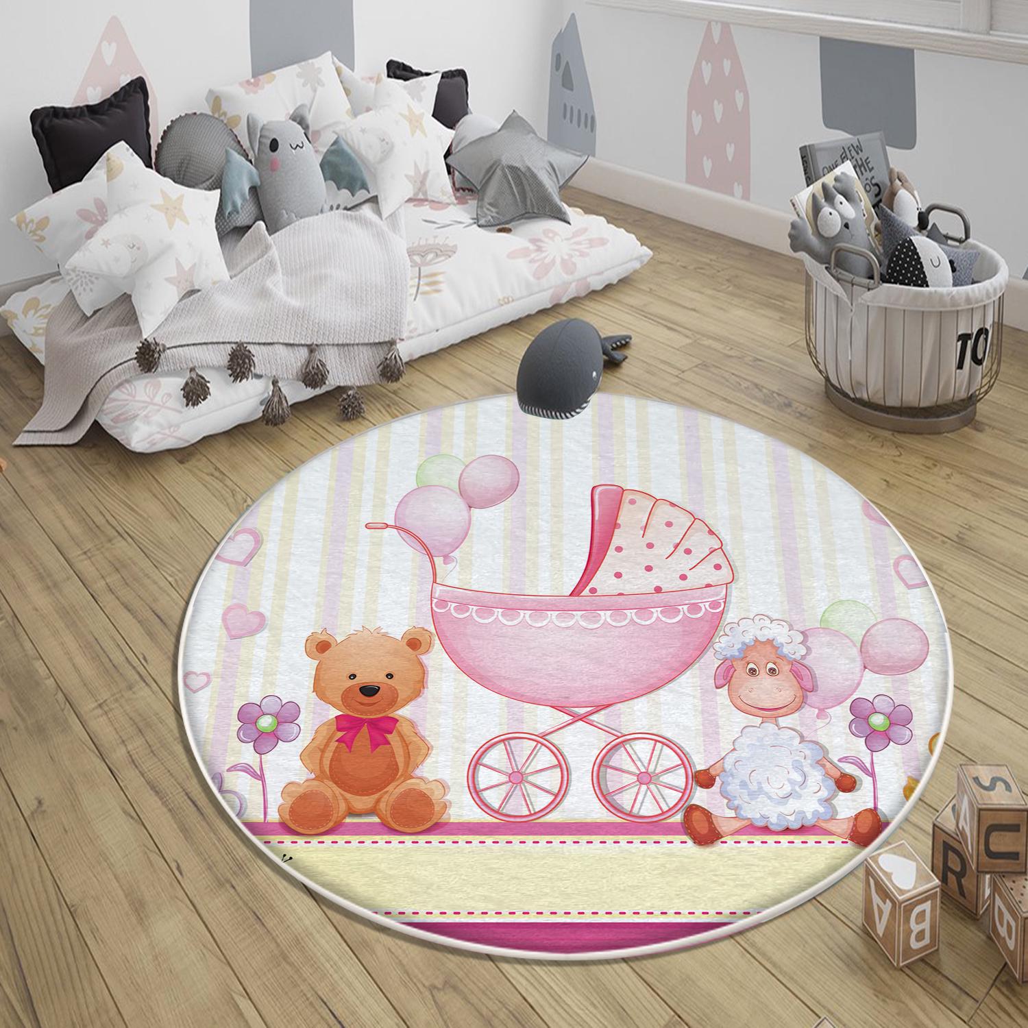 Round Pink Bear Lamb Nursery Room Rug, Cute Animal Rug Gift For Kid, Baby Shower Girl Kids Room Gift, Kids Room Decor with pillow case gift