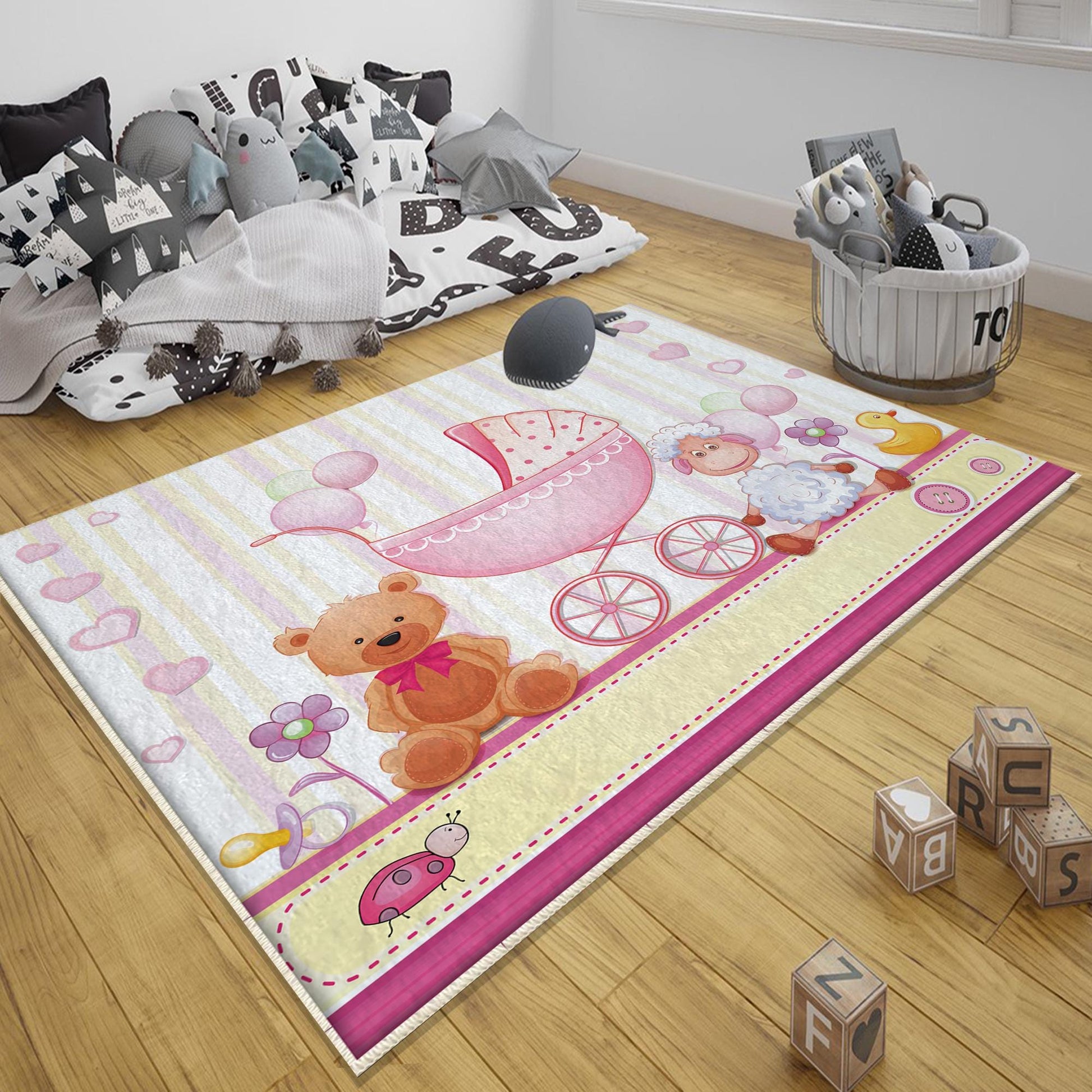 Round Pink Bear Lamb Nursery Room Rug, Cute Animal Rug Gift For Kid, Baby Shower Girl Kids Room Gift, Kids Room Decor with pillow case gift