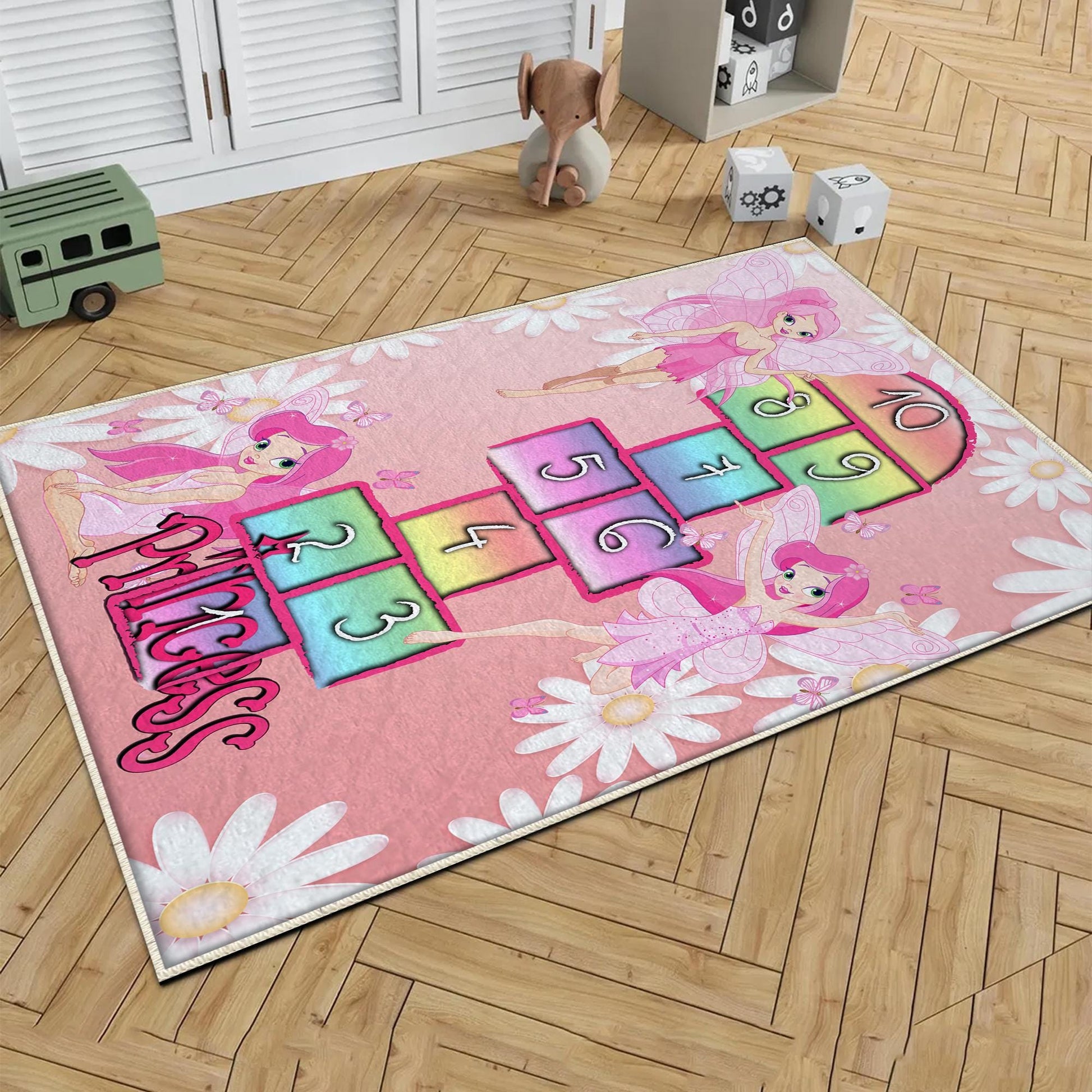 Round Pink Hopscotch Fairy Girls Kids Room Rug, Cute Play Rug Gift For Kid, Girl Kids Room Gift, Kids Room Decor with pillow case gift