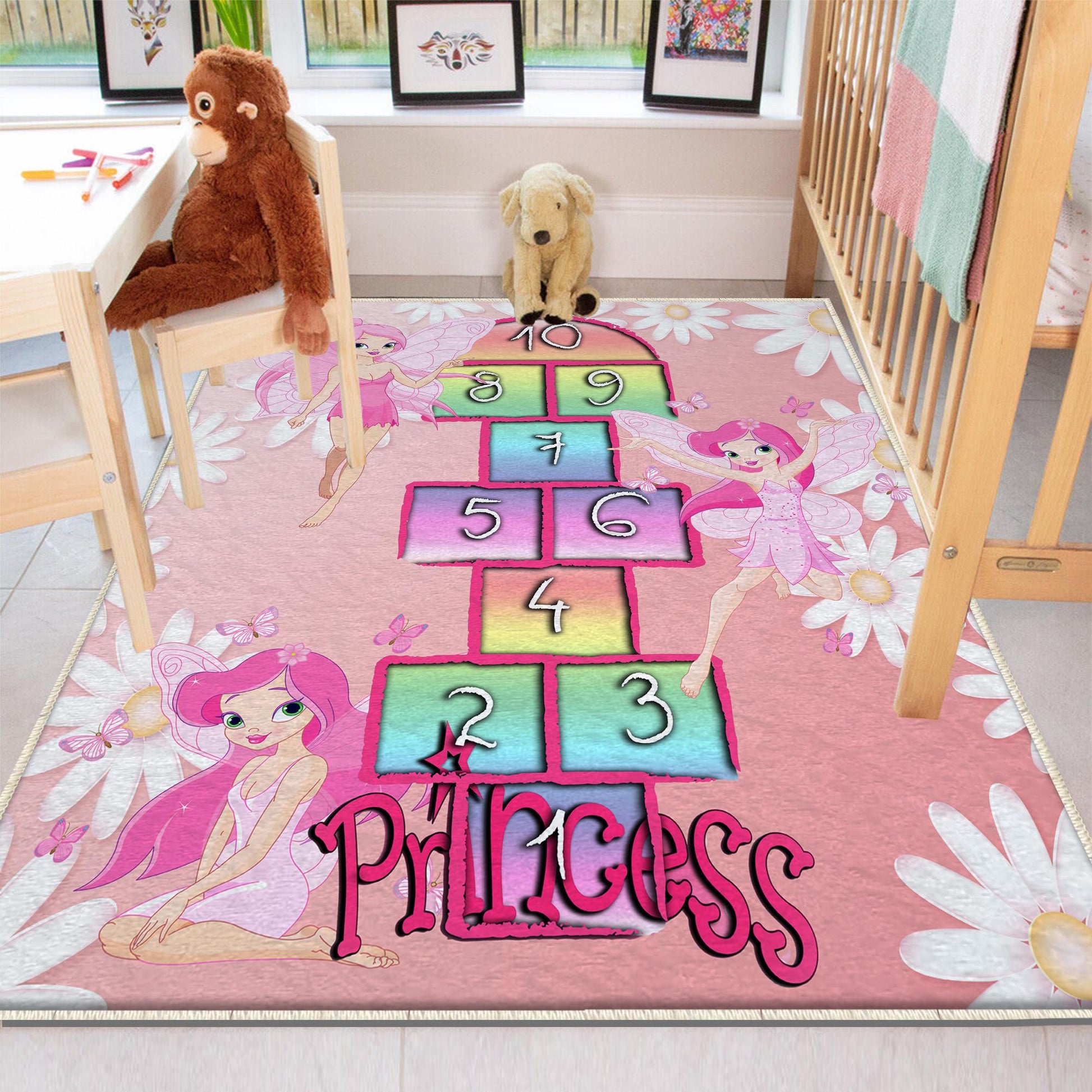 Round Pink Hopscotch Fairy Girls Kids Room Rug, Cute Play Rug Gift For Kid, Girl Kids Room Gift, Kids Room Decor with pillow case gift