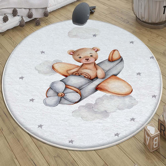 Round Bear Pilot Planet Kids Nursery Room Rug, Cute Playground Rug Gift For Kid, Kids Room Gift, Baby Kids Room Decor with pillow case gift
