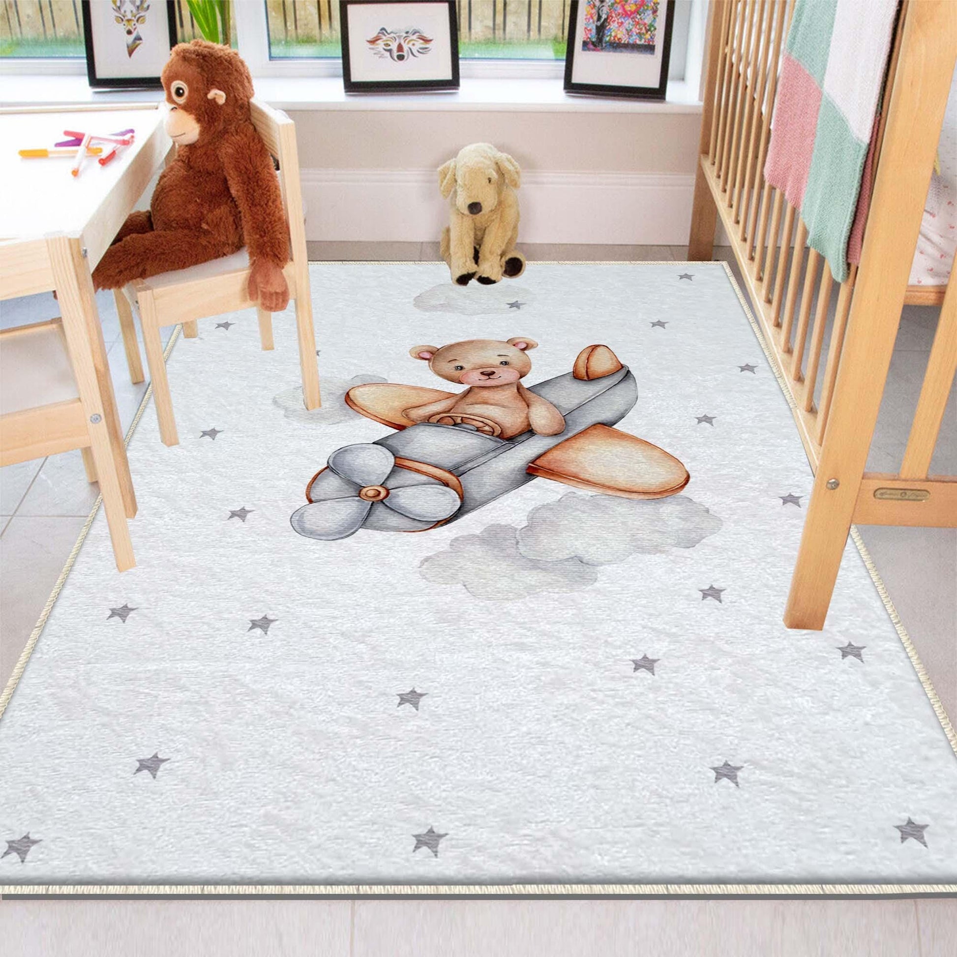 Round Bear Pilot Planet Kids Nursery Room Rug, Cute Playground Rug Gift For Kid, Kids Room Gift, Baby Kids Room Decor with pillow case gift