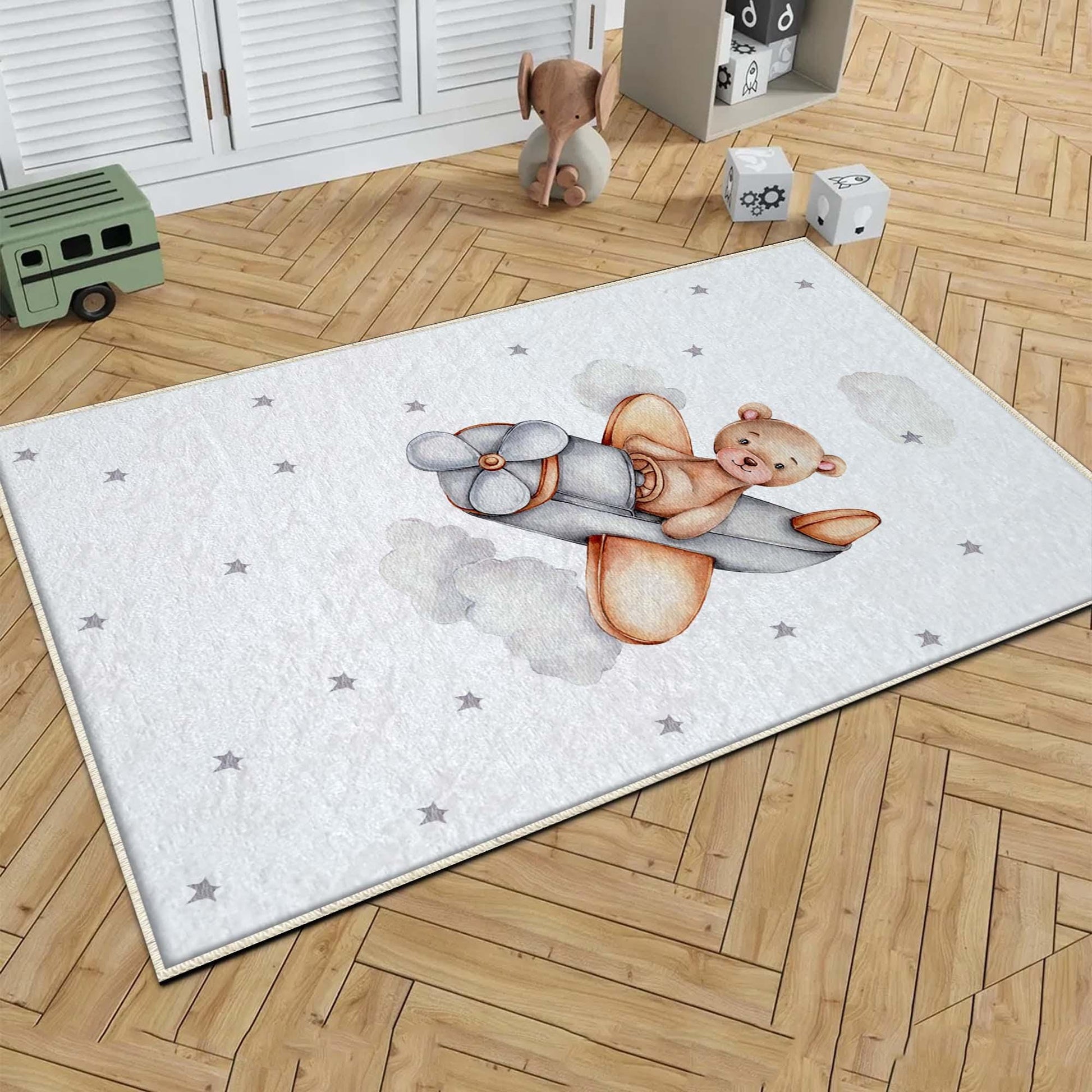 Round Bear Pilot Planet Kids Nursery Room Rug, Cute Playground Rug Gift For Kid, Kids Room Gift, Baby Kids Room Decor with pillow case gift