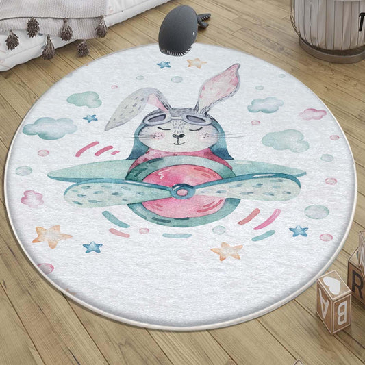 Round Bunny Pilot Plane Nursery Room Rug, Cute Rabit Playroom Rug Gift For Kid, Kids Room Gift, Baby Kids Room Decor with pillow case gift