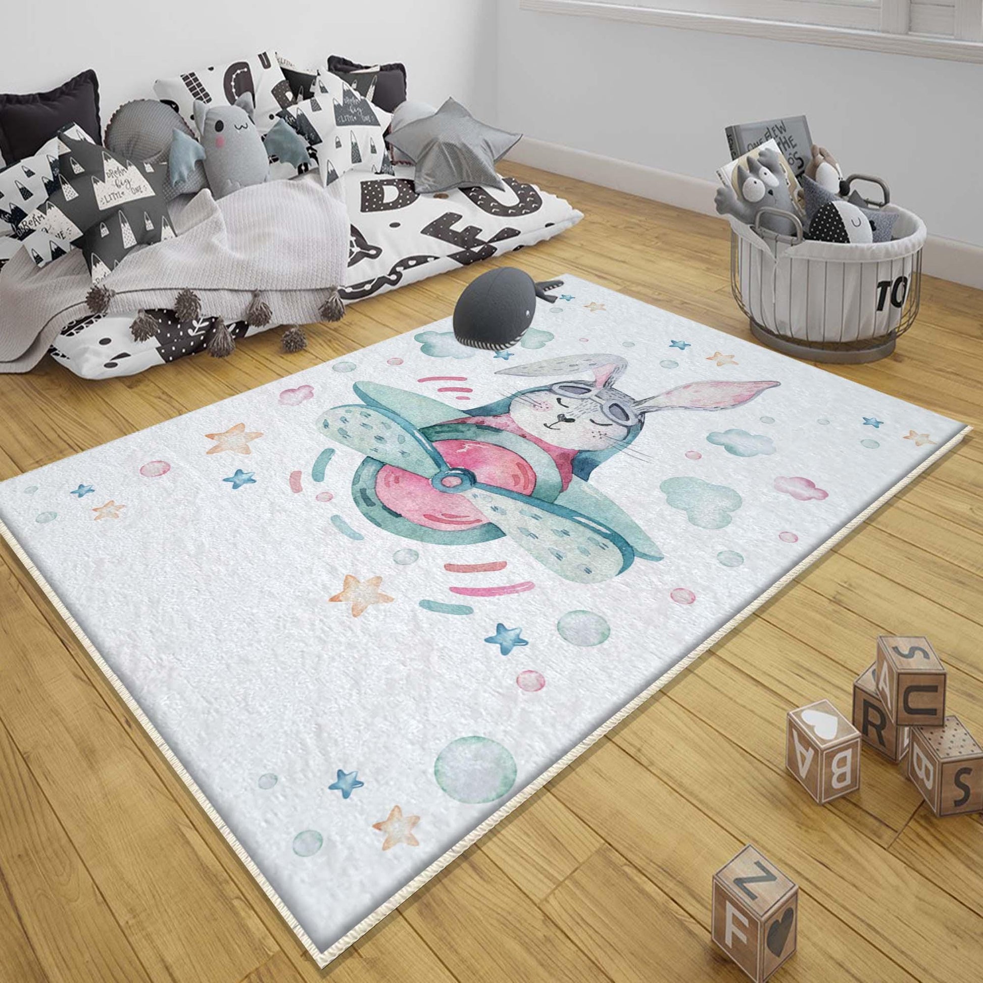 Round Bunny Pilot Plane Nursery Room Rug, Cute Rabit Playroom Rug Gift For Kid, Kids Room Gift, Baby Kids Room Decor with pillow case gift