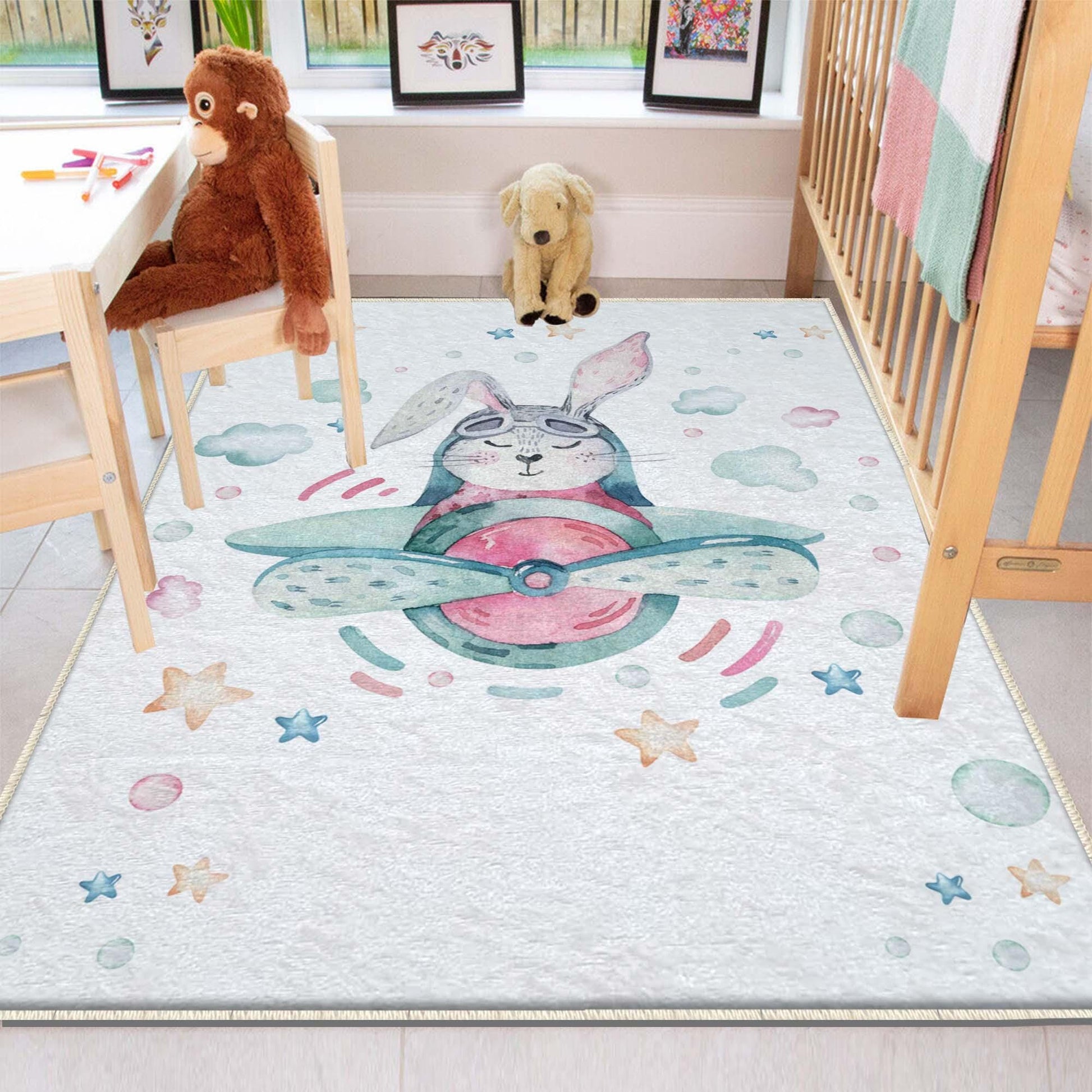 Round Bunny Pilot Plane Nursery Room Rug, Cute Rabit Playroom Rug Gift For Kid, Kids Room Gift, Baby Kids Room Decor with pillow case gift