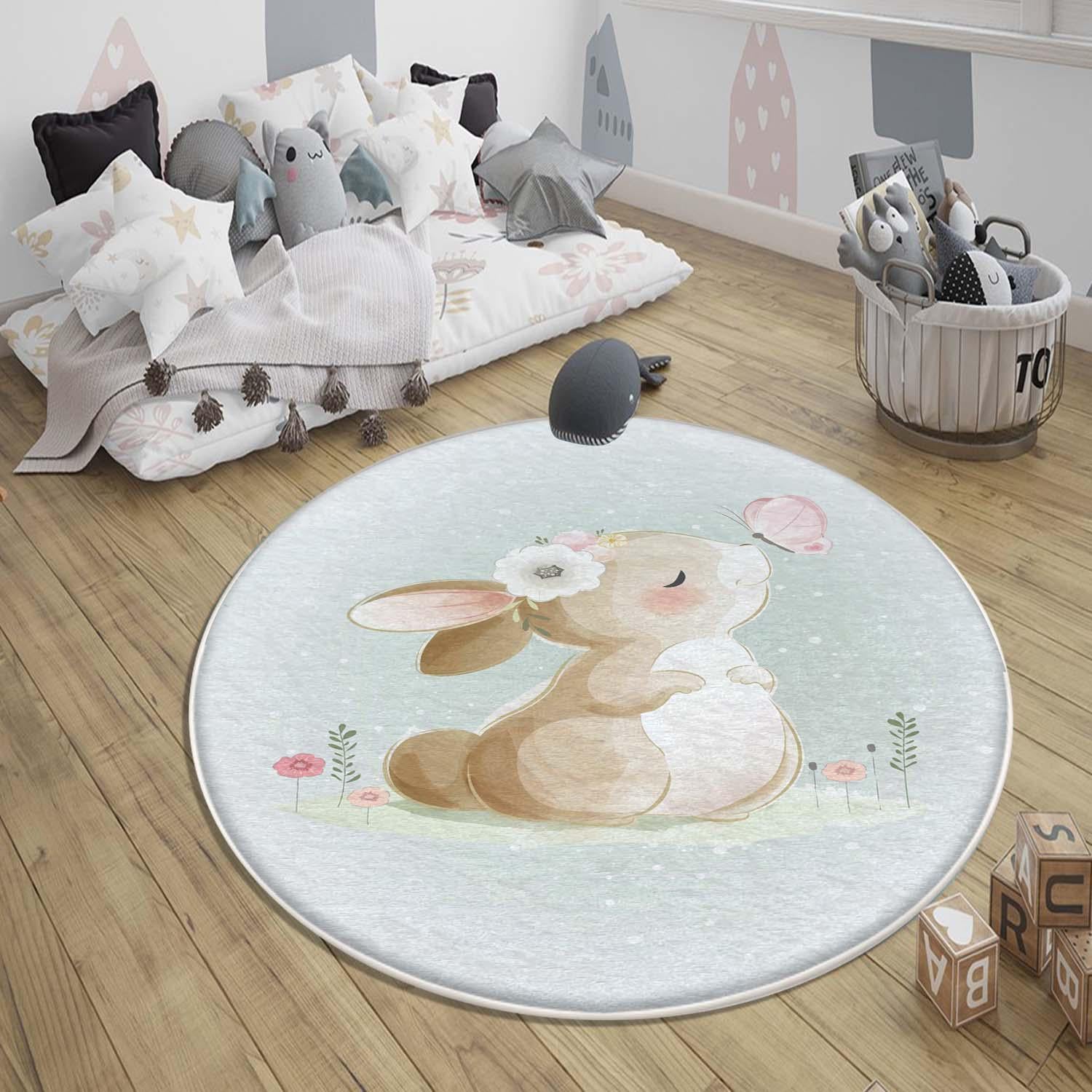 Round Rabbit Bunny Kids Nursery Room Rug, Cute Animal Rug Gift For Kid, Baby Shower Kids Room Gift, Kids Room Decor with pillow case gift