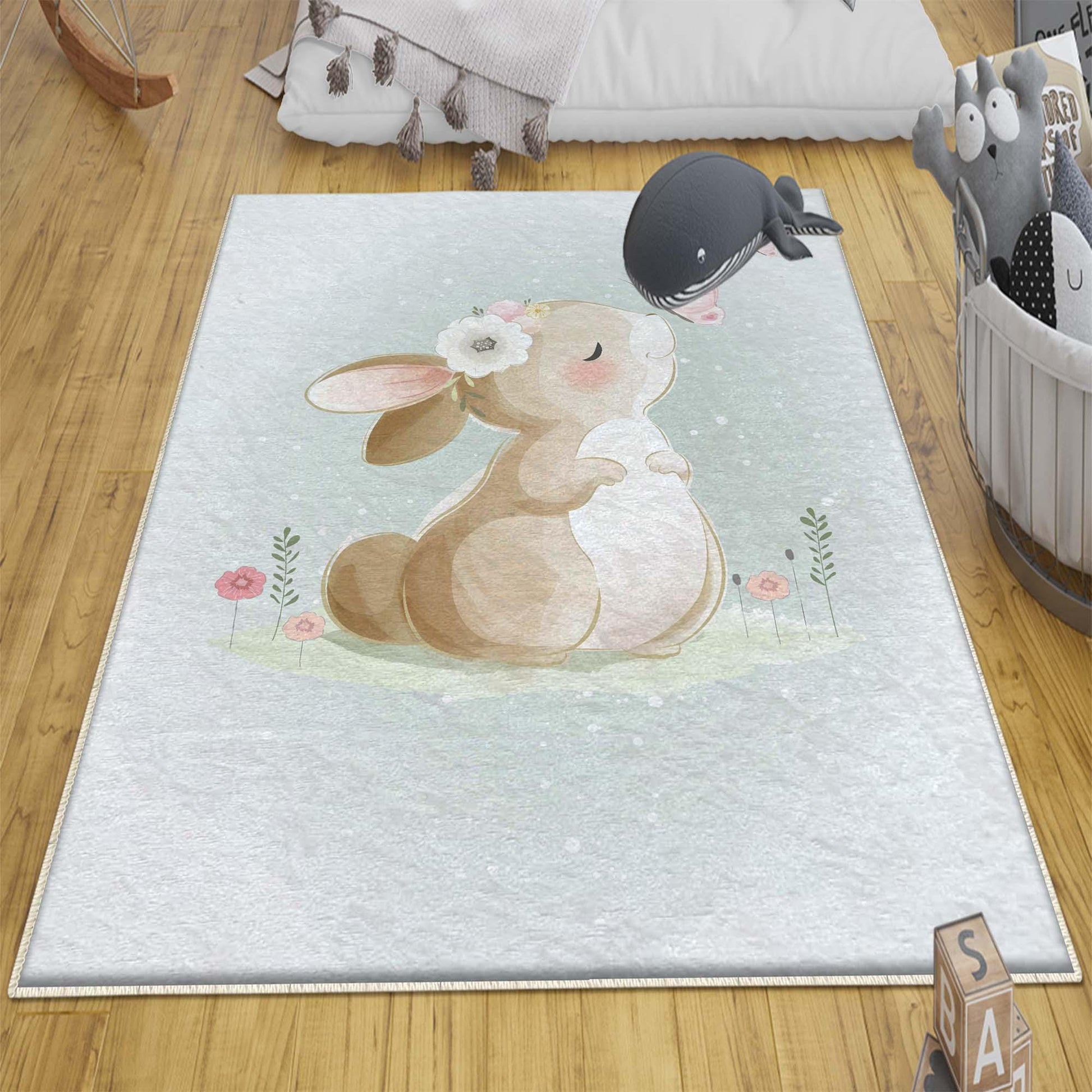 Round Rabbit Bunny Kids Nursery Room Rug, Cute Animal Rug Gift For Kid, Baby Shower Kids Room Gift, Kids Room Decor with pillow case gift