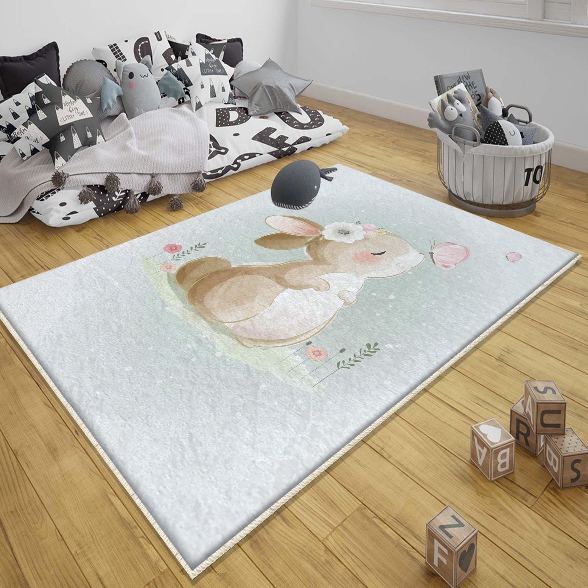 Round Rabbit Bunny Kids Nursery Room Rug, Cute Animal Rug Gift For Kid, Baby Shower Kids Room Gift, Kids Room Decor with pillow case gift