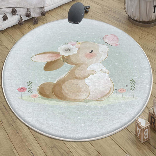 Round Rabbit Bunny Kids Nursery Room Rug, Cute Animal Rug Gift For Kid, Baby Shower Kids Room Gift, Kids Room Decor with pillow case gift
