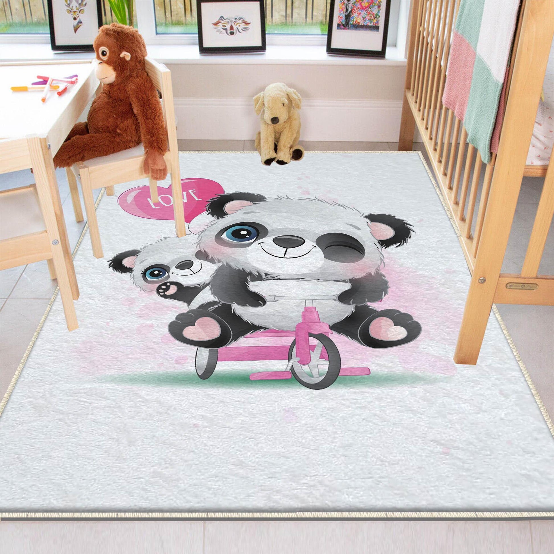 Round Panda Pink Bicycle Kids Baby Nursery Room Rug, Animal Rug Gift For Girl Kid, Kids Room Gift, Kids Room Decor with pillow case gift